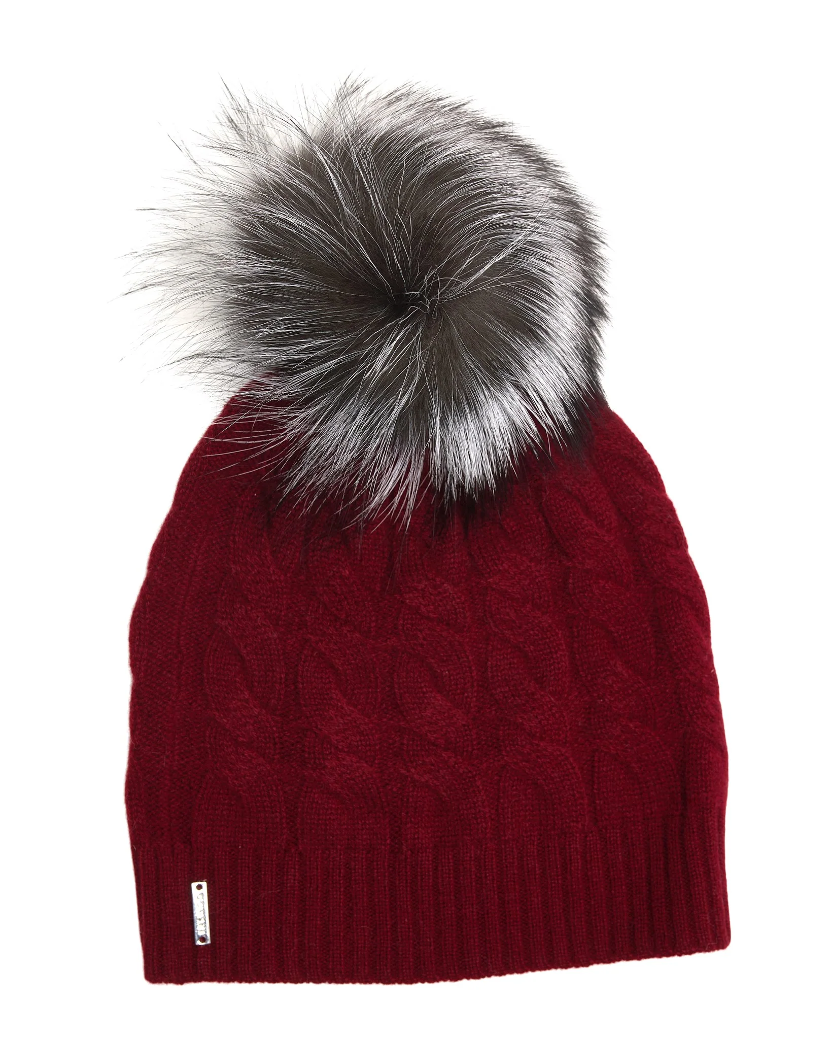 CASHMERE CABLE KNIT HAT WITH FOX POMPOM