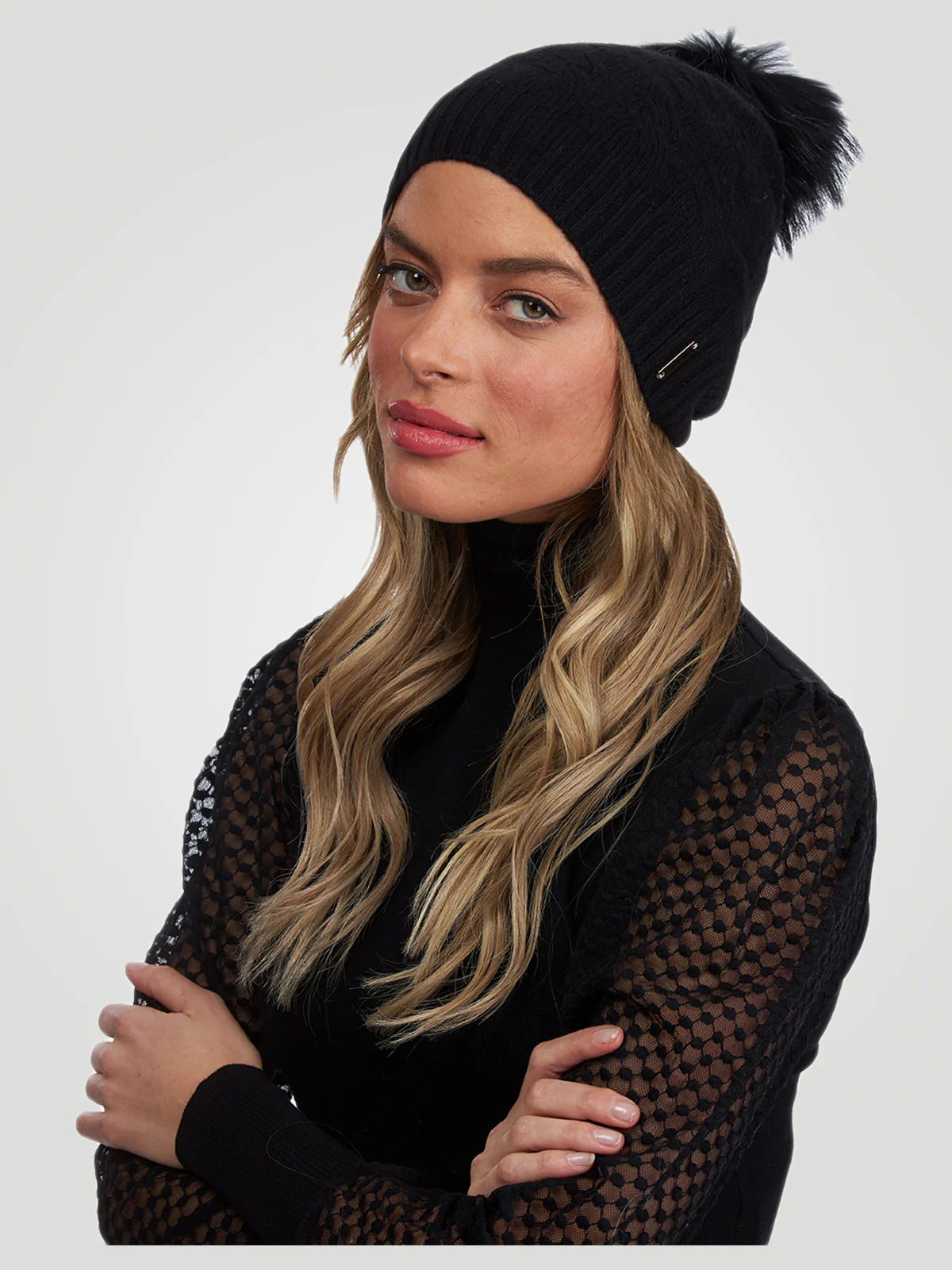 CASHMERE CABLE KNIT HAT WITH FOX POMPOM - Image 2