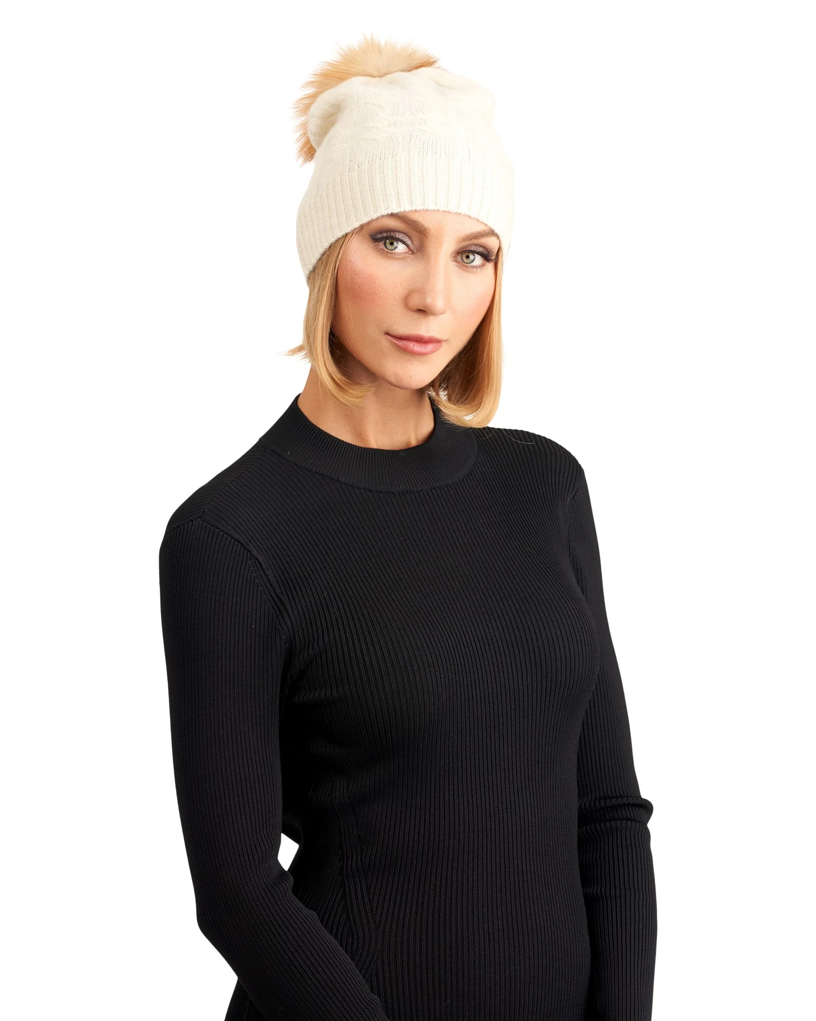 CASHMERE CABLE KNIT HAT WITH FOX POMPOM - Image 3