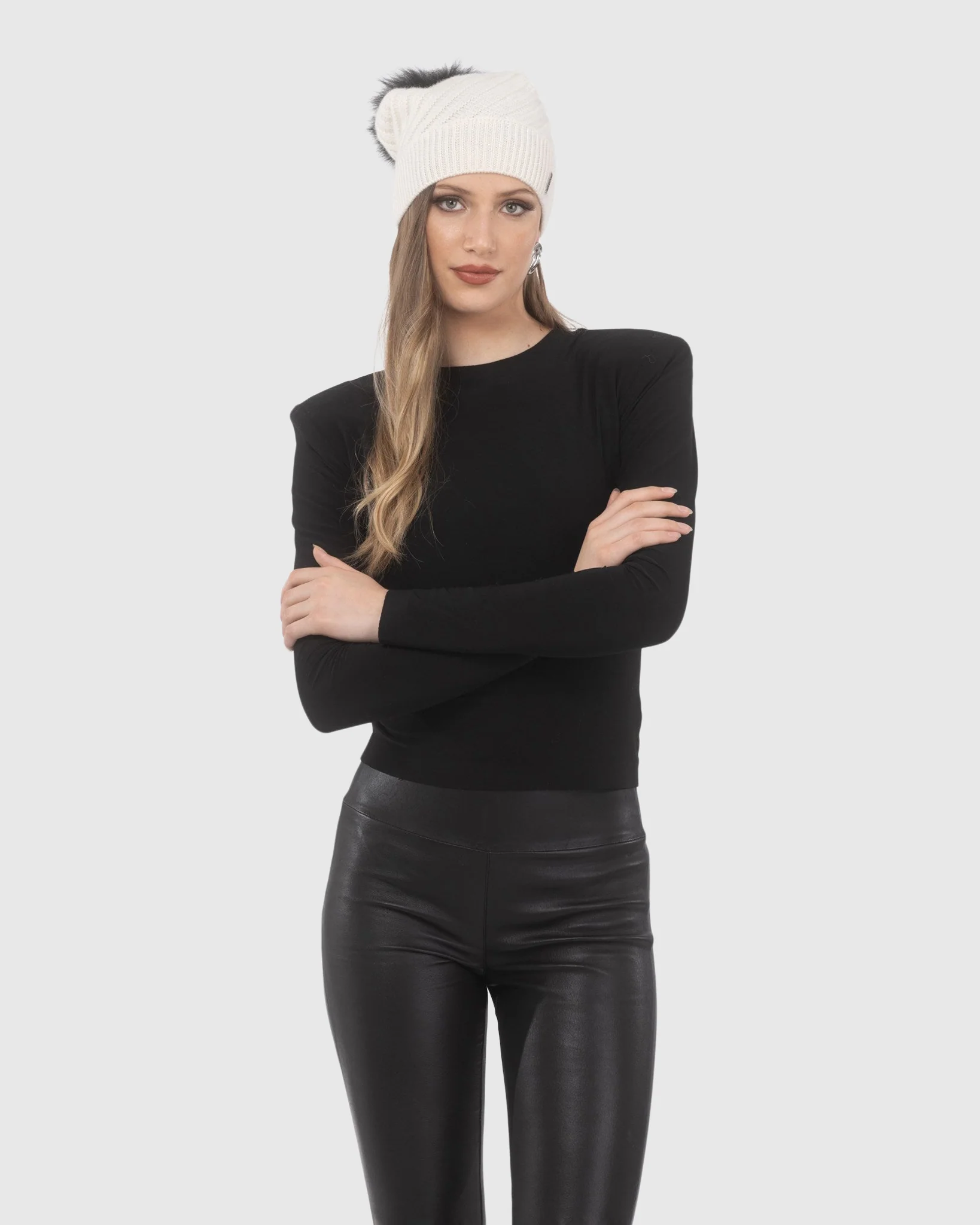 SELECT CASHMERE CABLE KNIT BEANIE HAT WITH SELECT LAMB POMPOM - Image 10