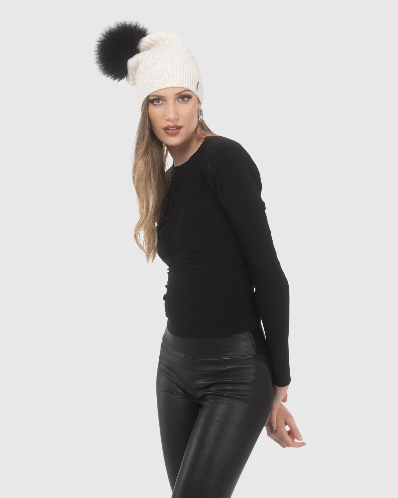 SELECT CASHMERE CABLE KNIT BEANIE HAT WITH SELECT LAMB POMPOM - Image 11