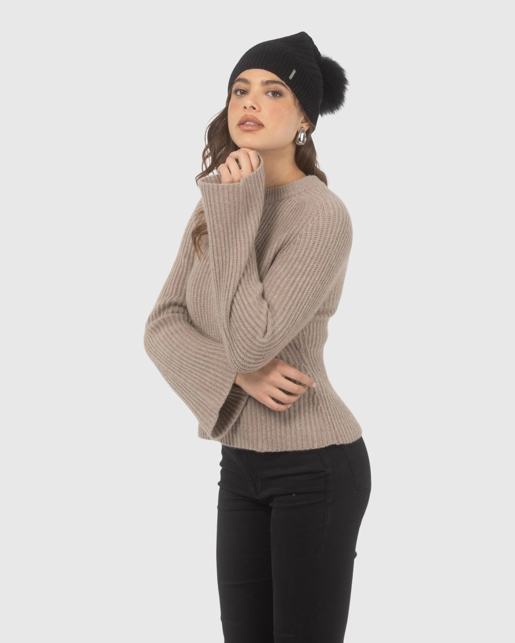 SELECT CASHMERE CABLE KNIT BEANIE HAT WITH SELECT LAMB POMPOM - Image 3