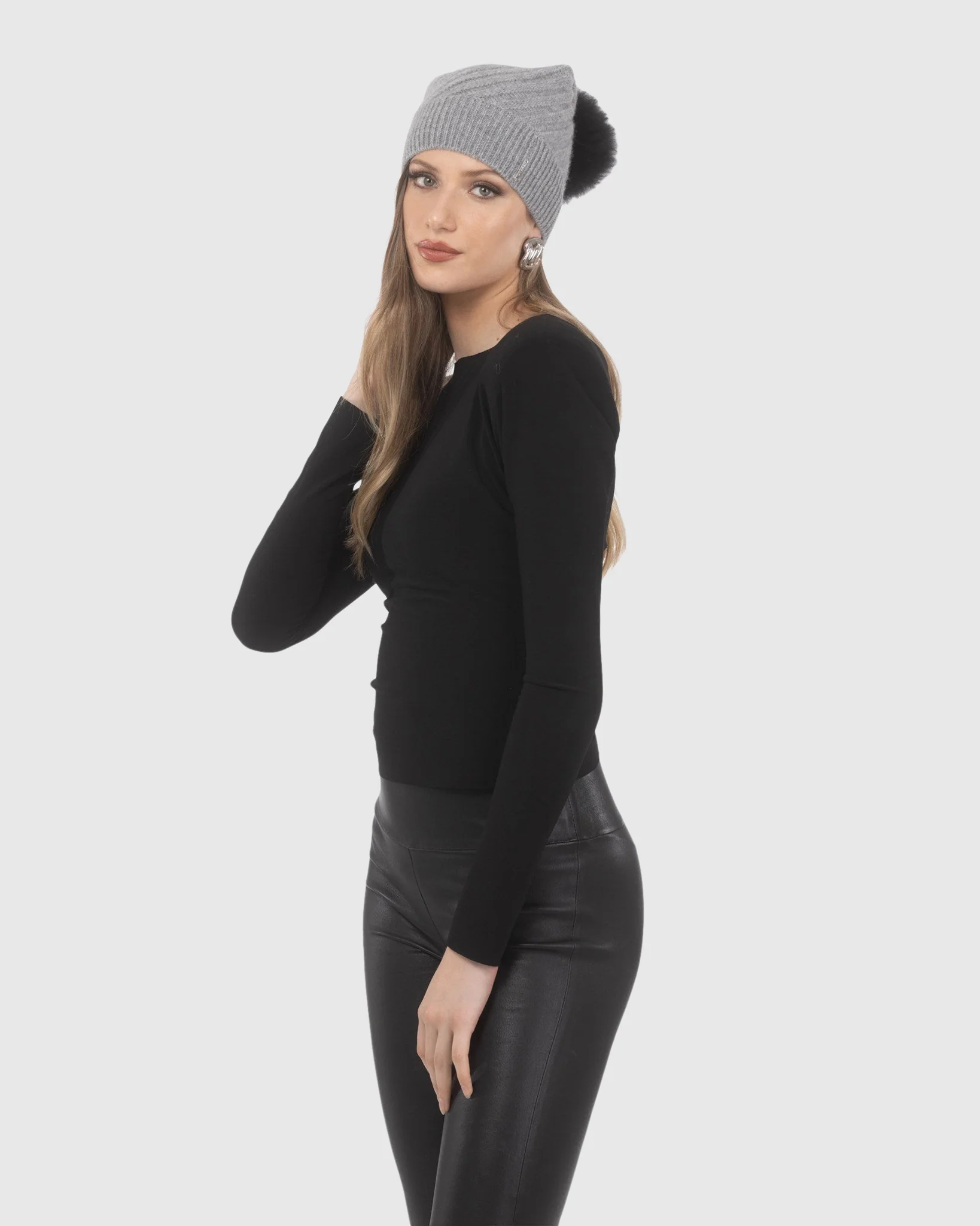 SELECT CASHMERE CABLE KNIT BEANIE HAT WITH SELECT LAMB POMPOM - Image 5