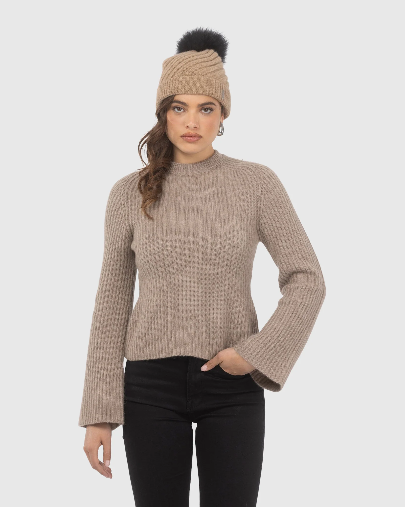 SELECT CASHMERE CABLE KNIT BEANIE HAT WITH SELECT LAMB POMPOM - Image 7