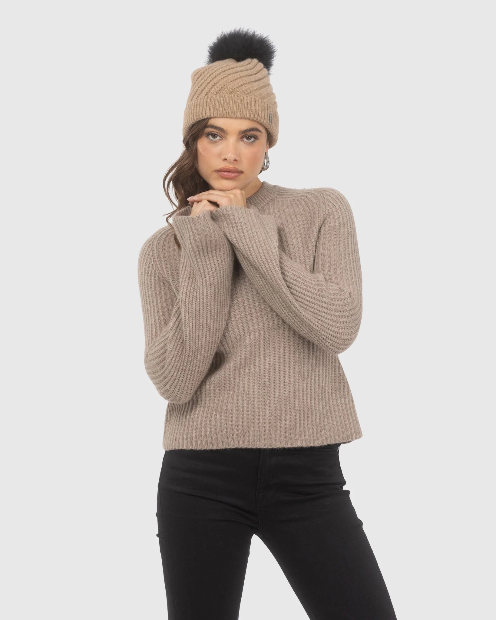 SELECT CASHMERE CABLE KNIT BEANIE HAT WITH SELECT LAMB POMPOM - Image 8