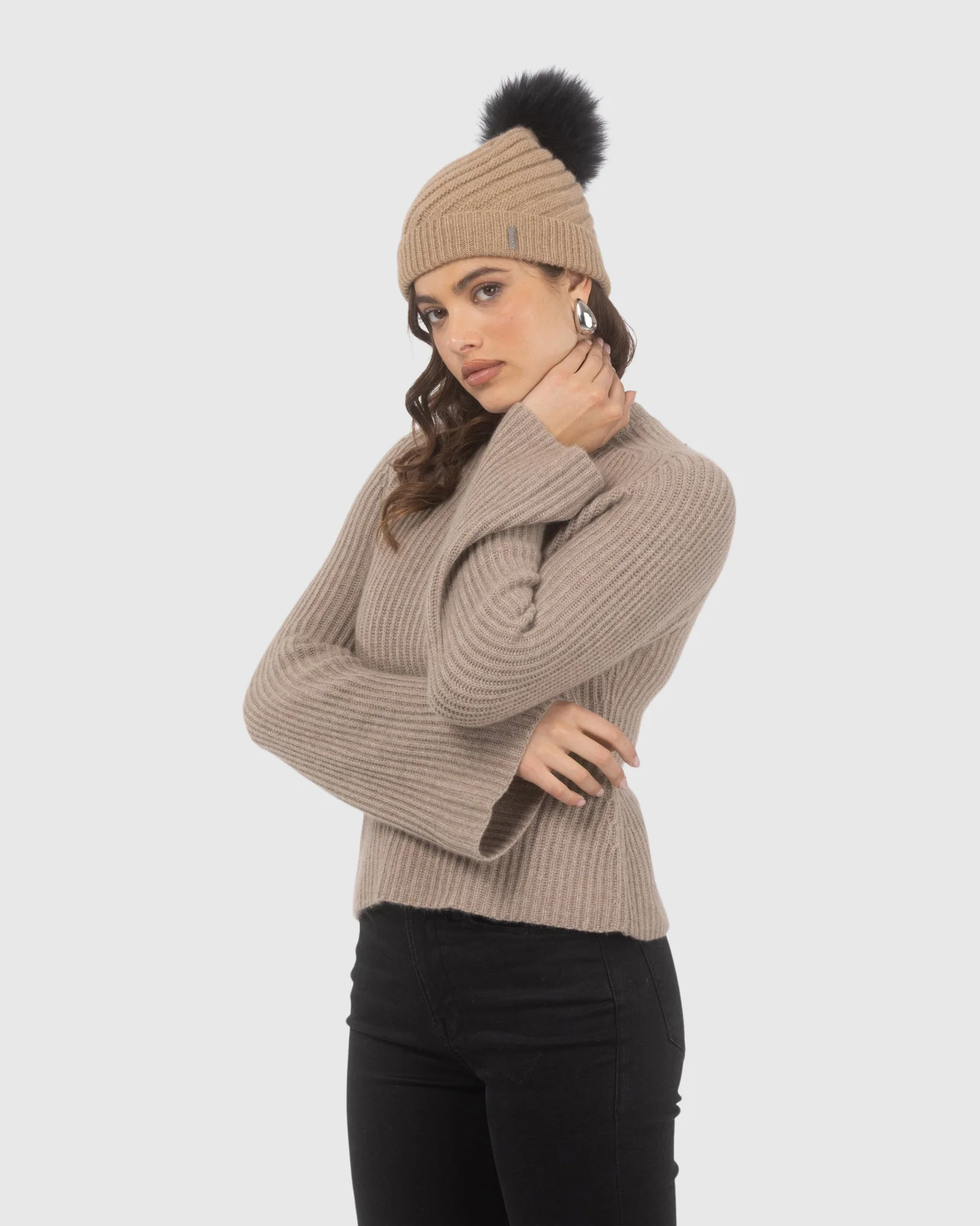 SELECT CASHMERE CABLE KNIT BEANIE HAT WITH SELECT LAMB POMPOM - Image 9