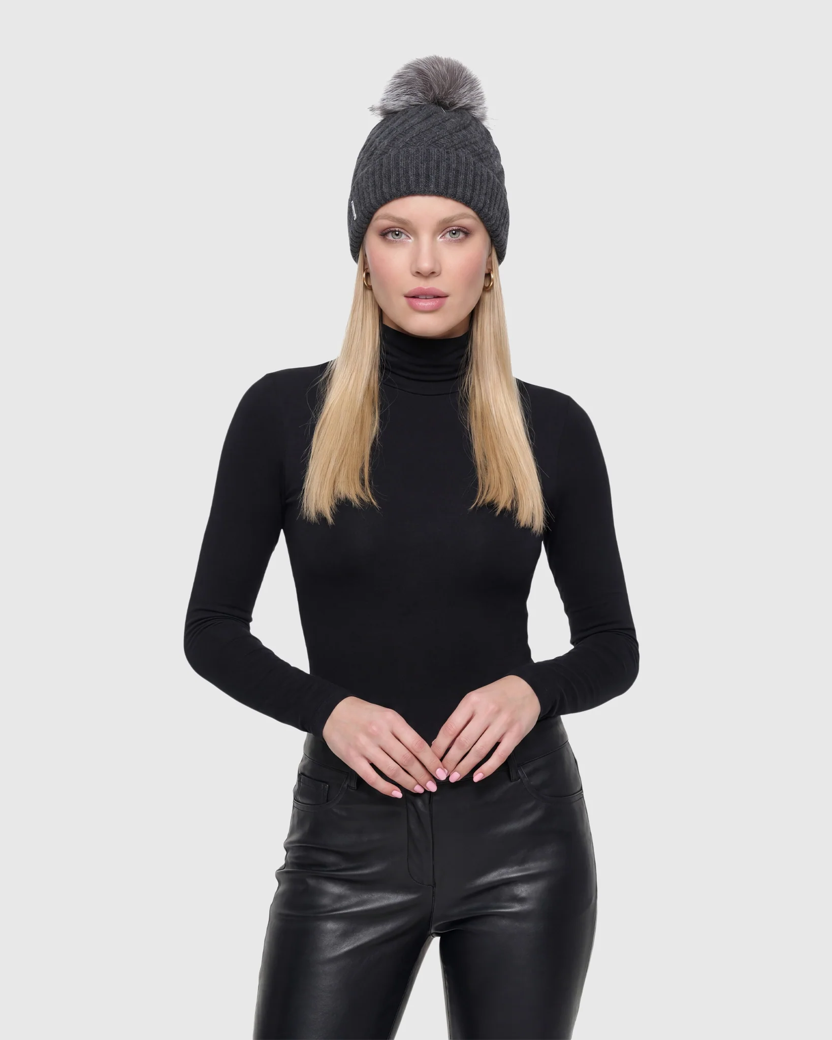CASHMERE DIAGONAL KNIT HAT WITH FOX POMPOM - Image 6