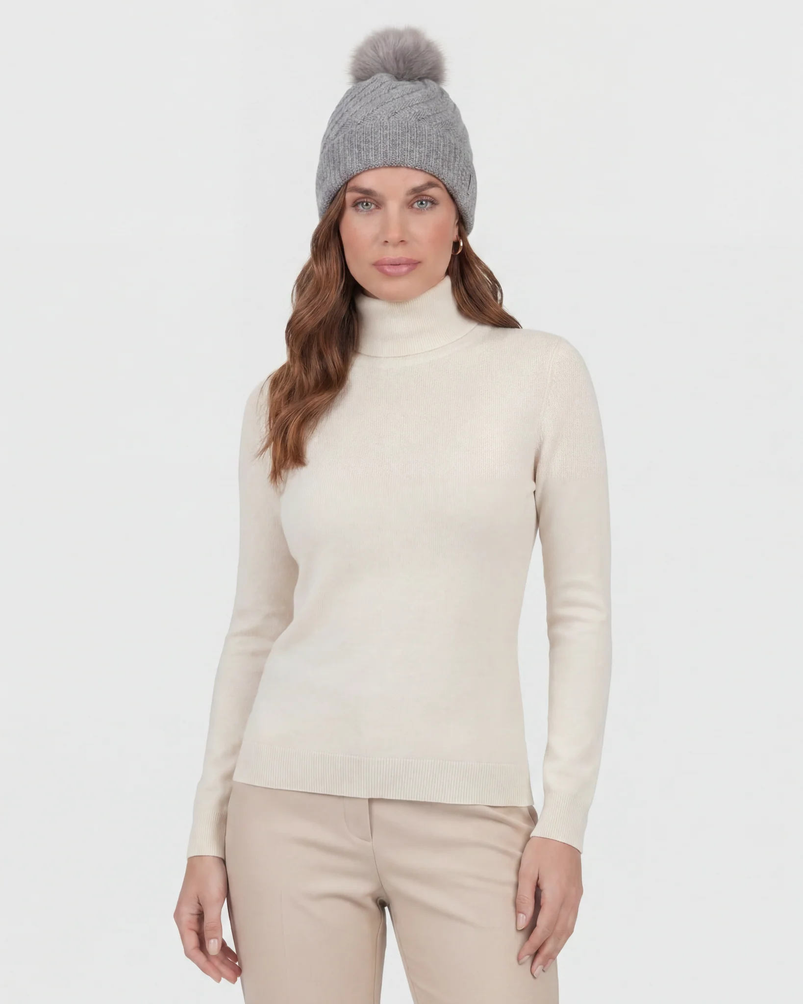 CASHMERE DIAGONAL KNIT HAT WITH TOSCANA LAMB POMPOM