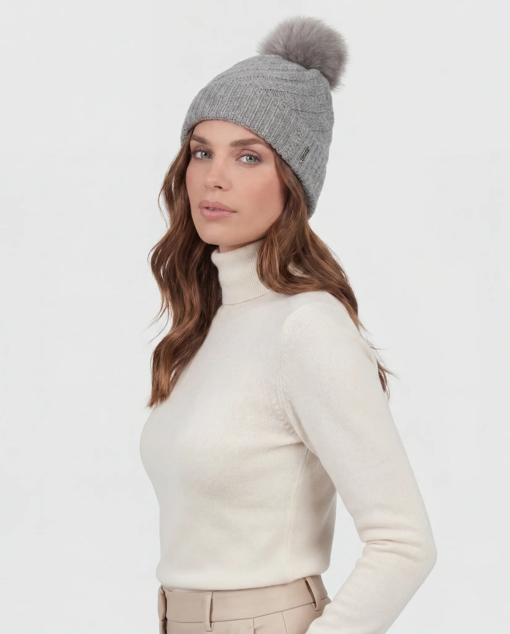 CASHMERE DIAGONAL KNIT HAT WITH TOSCANA LAMB POMPOM - Image 3