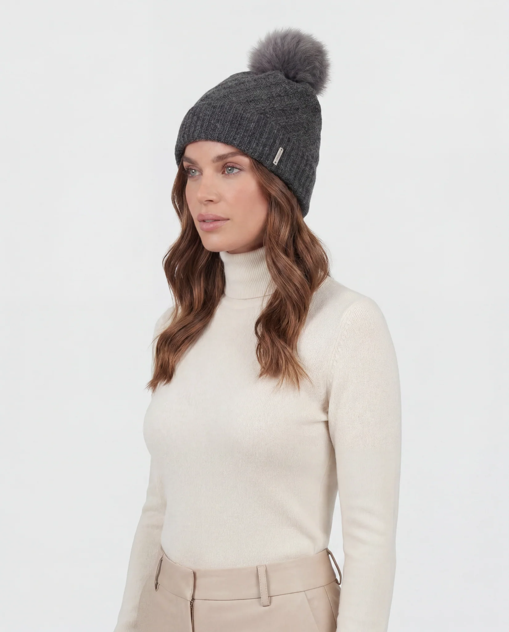 CASHMERE DIAGONAL KNIT HAT WITH TOSCANA LAMB POMPOM - Image 6