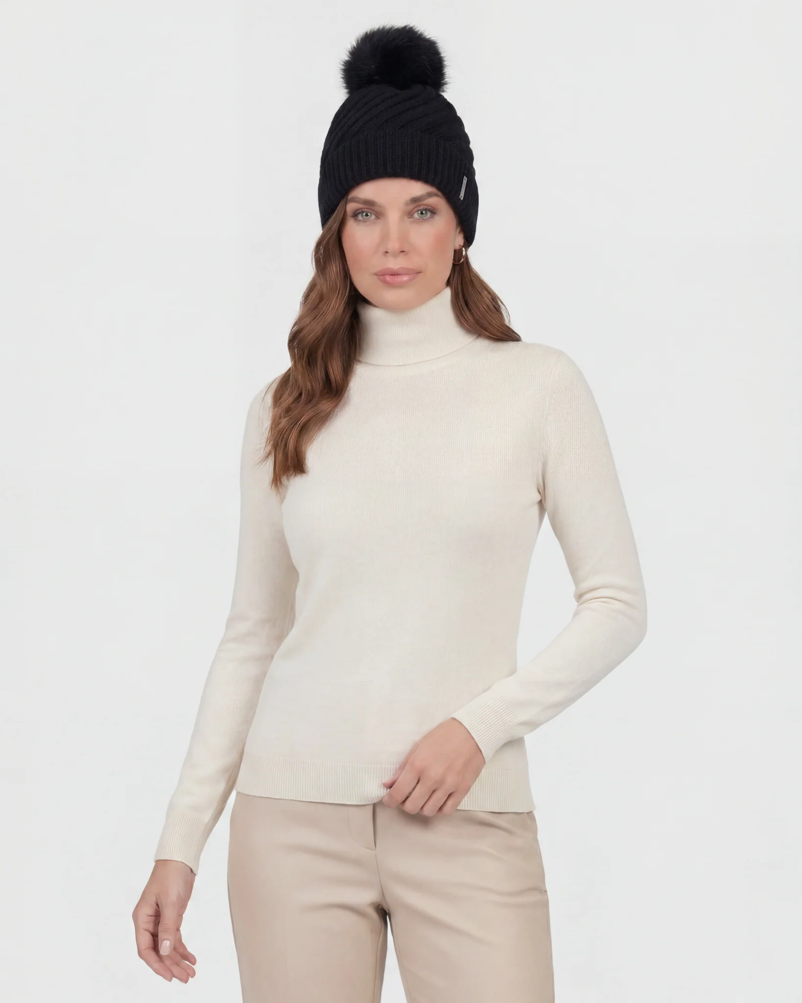 CASHMERE DIAGONAL KNIT HAT WITH TOSCANA LAMB POMPOM - Image 7