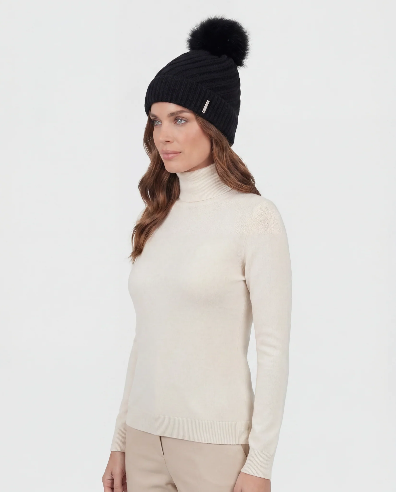 CASHMERE DIAGONAL KNIT HAT WITH TOSCANA LAMB POMPOM - Image 9