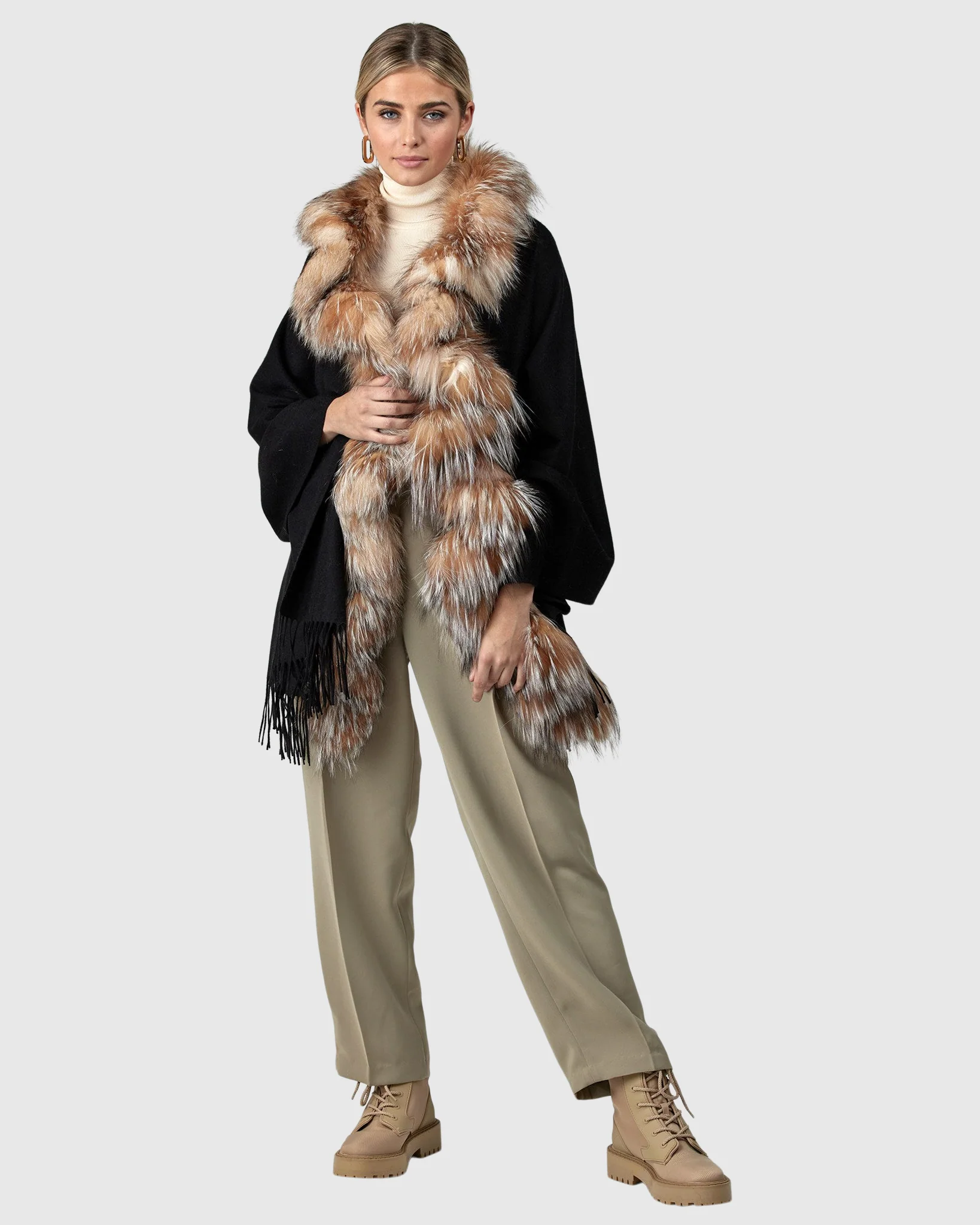 CASHMERE STOLE WITH SILVER FOX (S-CUT) KNIT RUFFLE ON ONE SIDE, CASHMERE FRINGES
