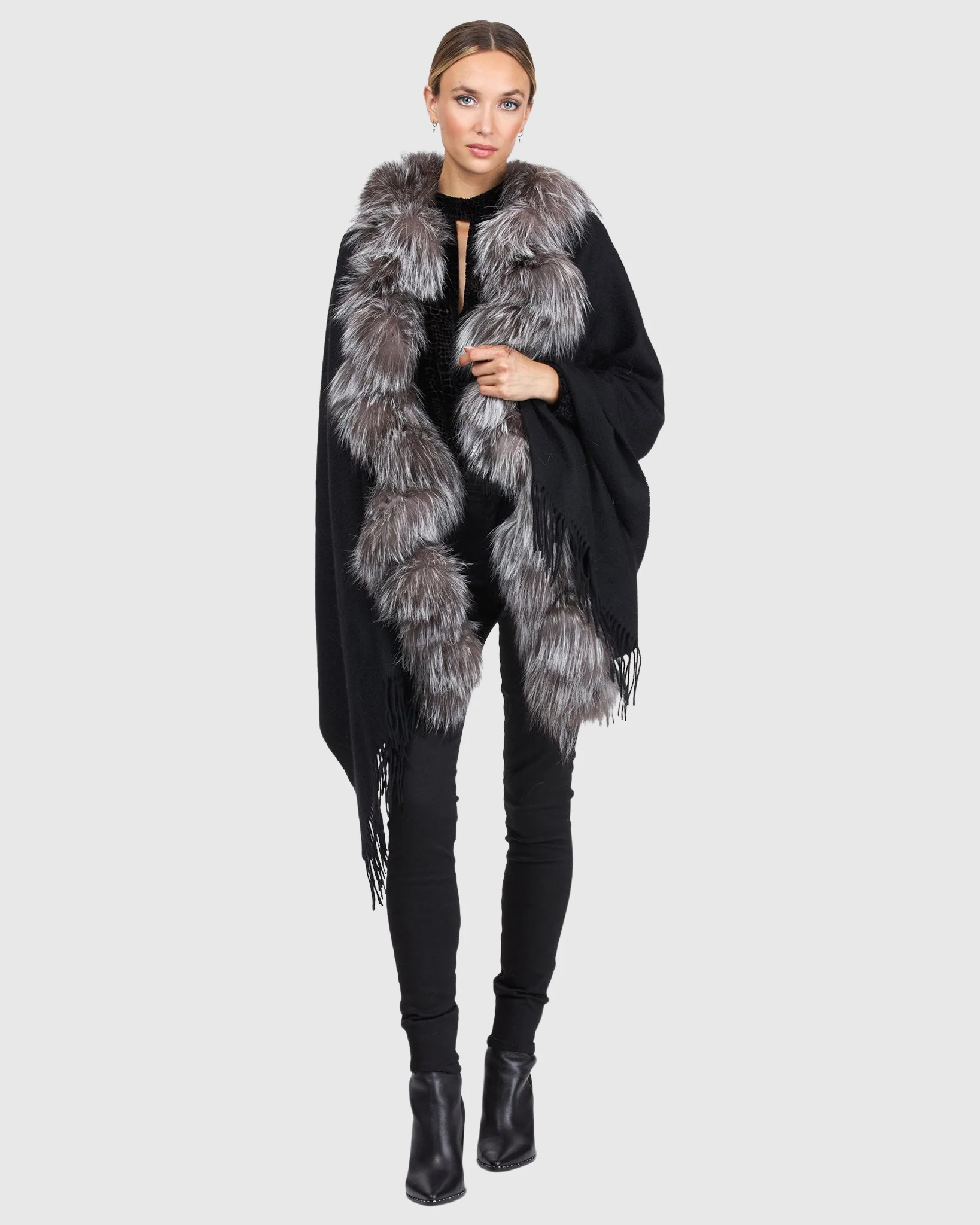 CASHMERE STOLE WITH SILVER FOX (S-CUT) KNIT RUFFLE ON ONE SIDE, CASHMERE FRINGES - Image 10