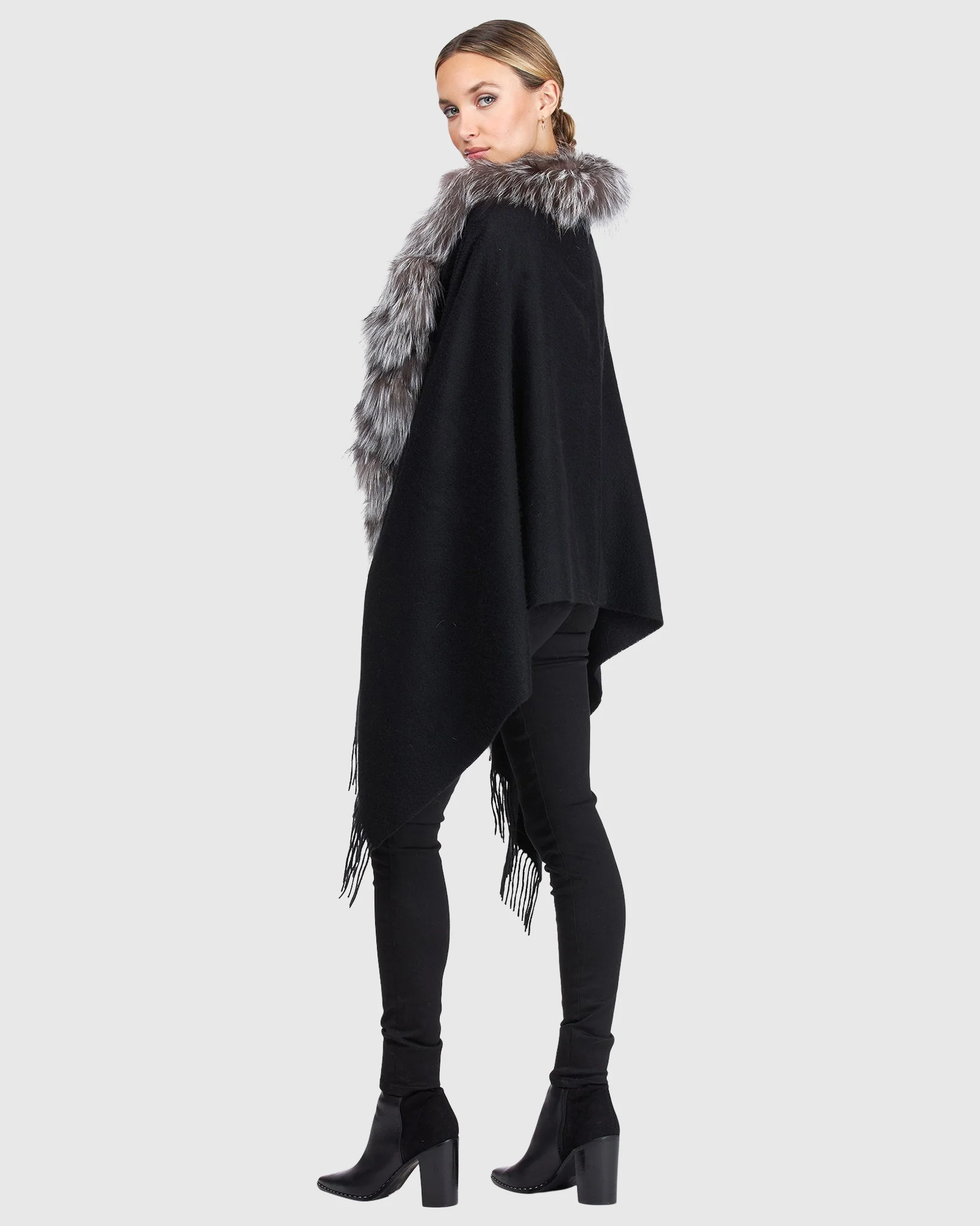 CASHMERE STOLE WITH SILVER FOX (S-CUT) KNIT RUFFLE ON ONE SIDE, CASHMERE FRINGES - Image 11
