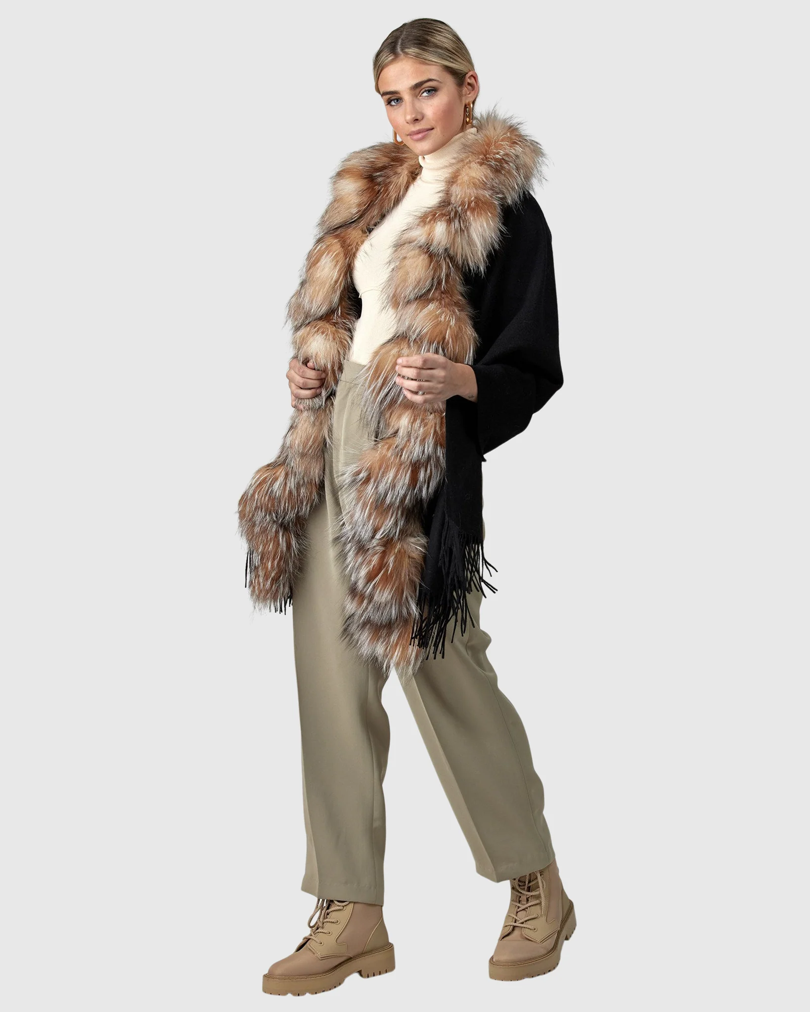 CASHMERE STOLE WITH SILVER FOX (S-CUT) KNIT RUFFLE ON ONE SIDE, CASHMERE FRINGES - Image 2
