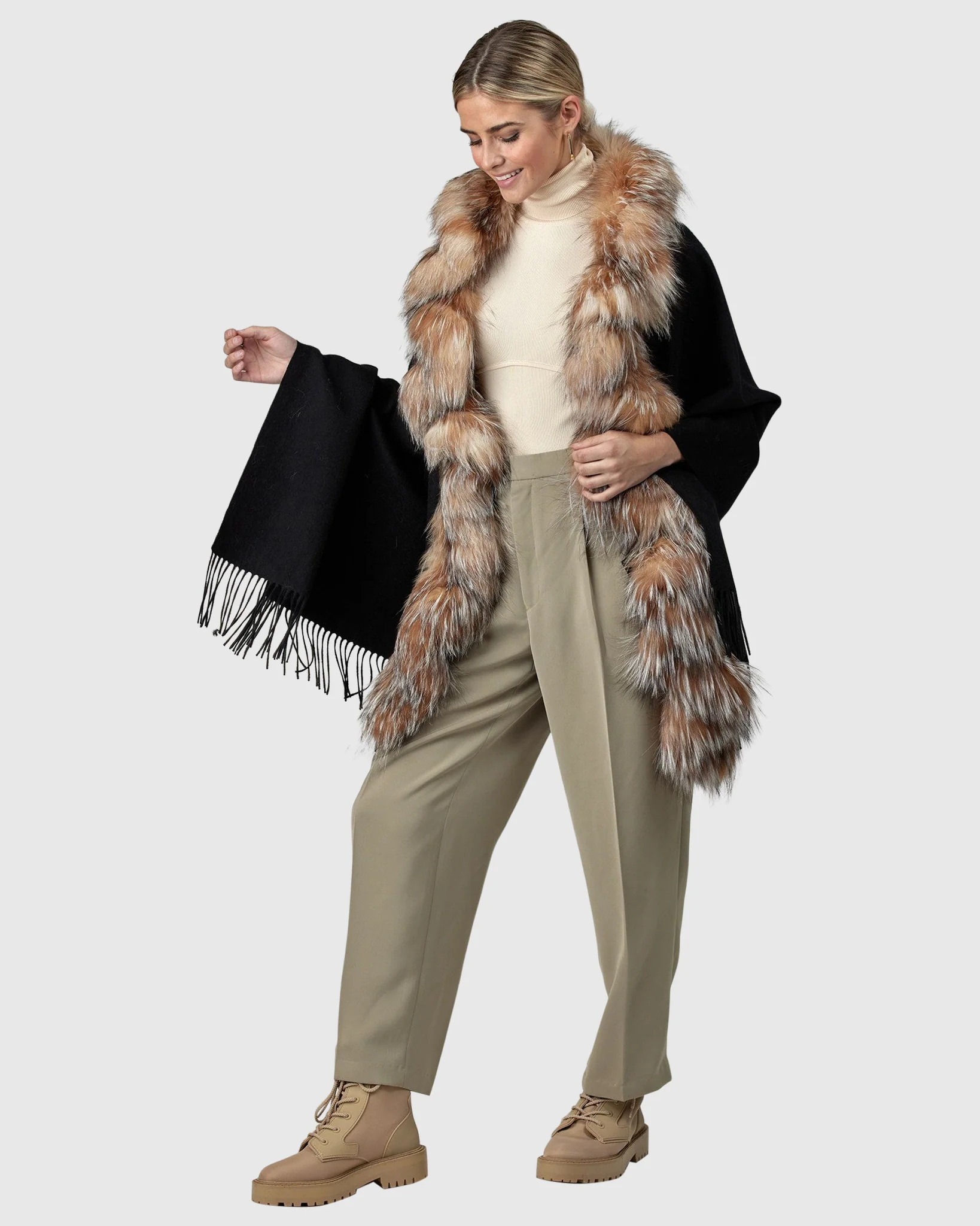 CASHMERE STOLE WITH SILVER FOX (S-CUT) KNIT RUFFLE ON ONE SIDE, CASHMERE FRINGES - Image 3