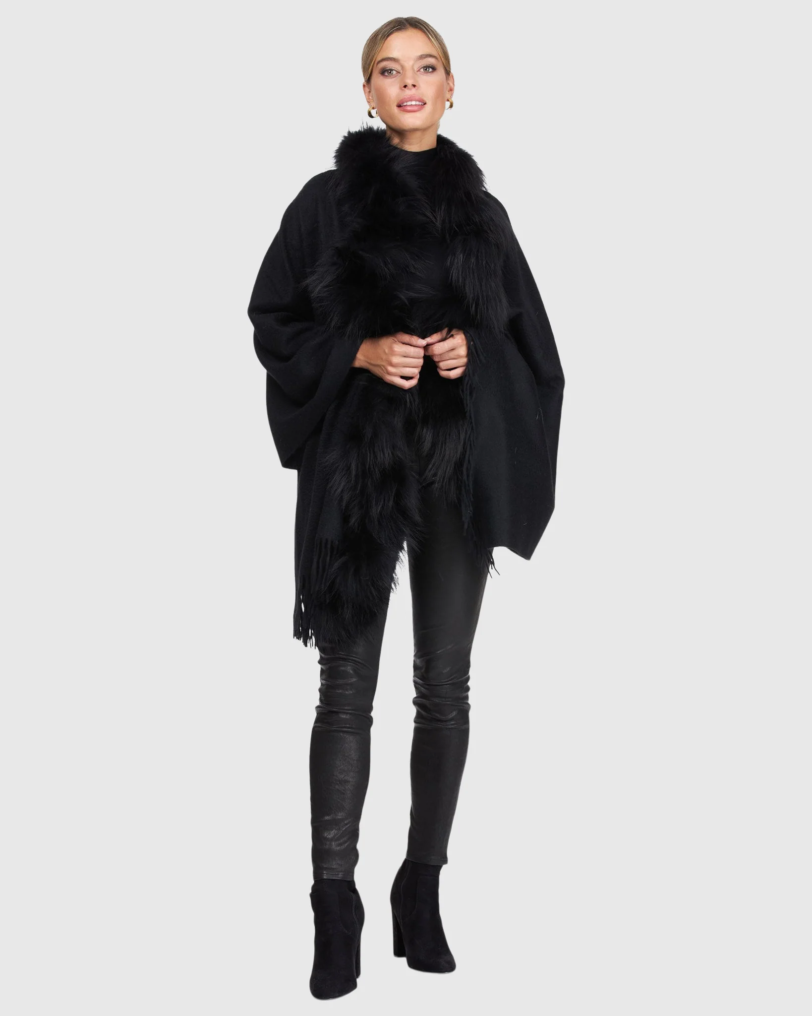 CASHMERE STOLE WITH SILVER FOX (S-CUT) KNIT RUFFLE ON ONE SIDE, CASHMERE FRINGES - Image 5