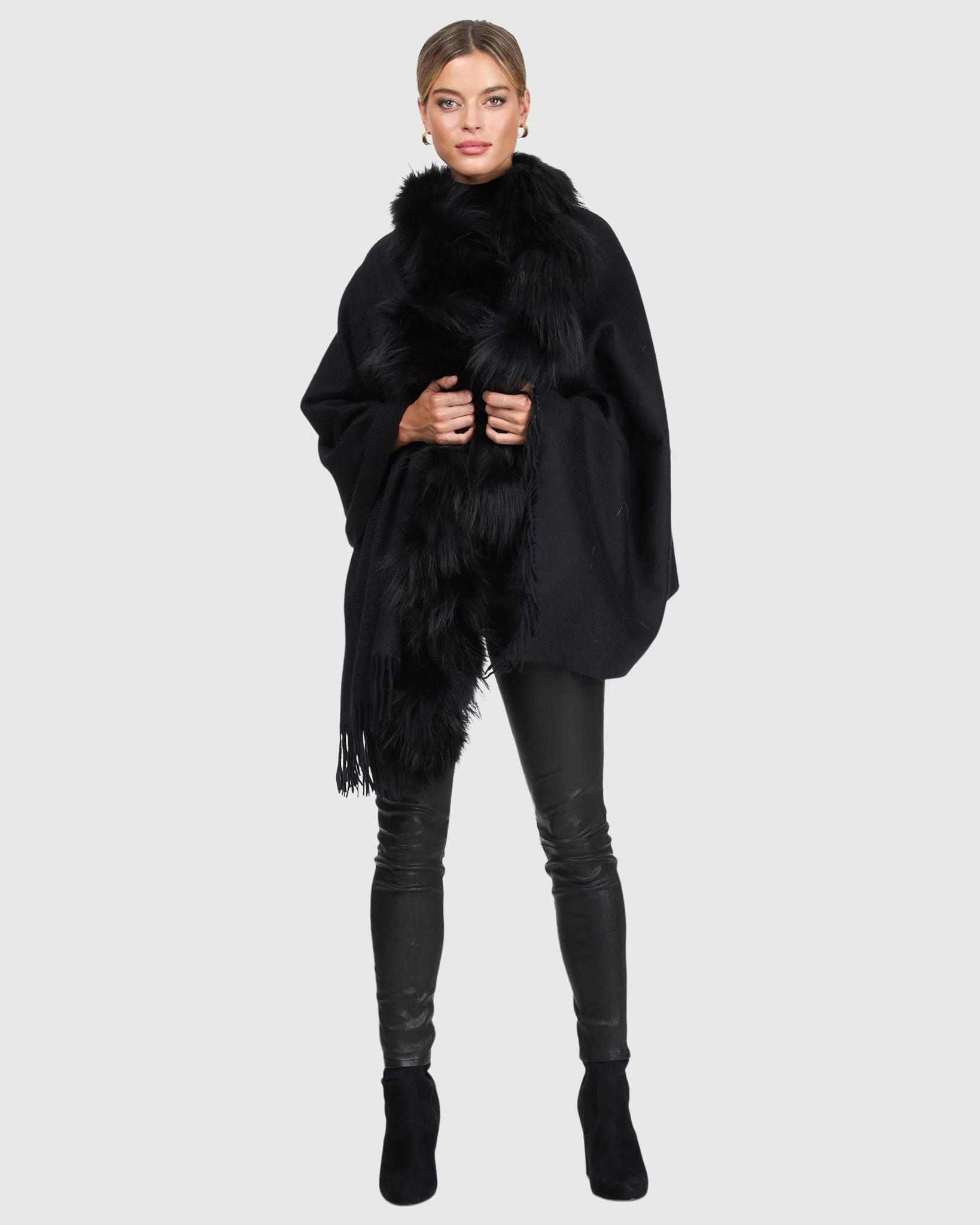CASHMERE STOLE WITH SILVER FOX (S-CUT) KNIT RUFFLE ON ONE SIDE, CASHMERE FRINGES - Image 6
