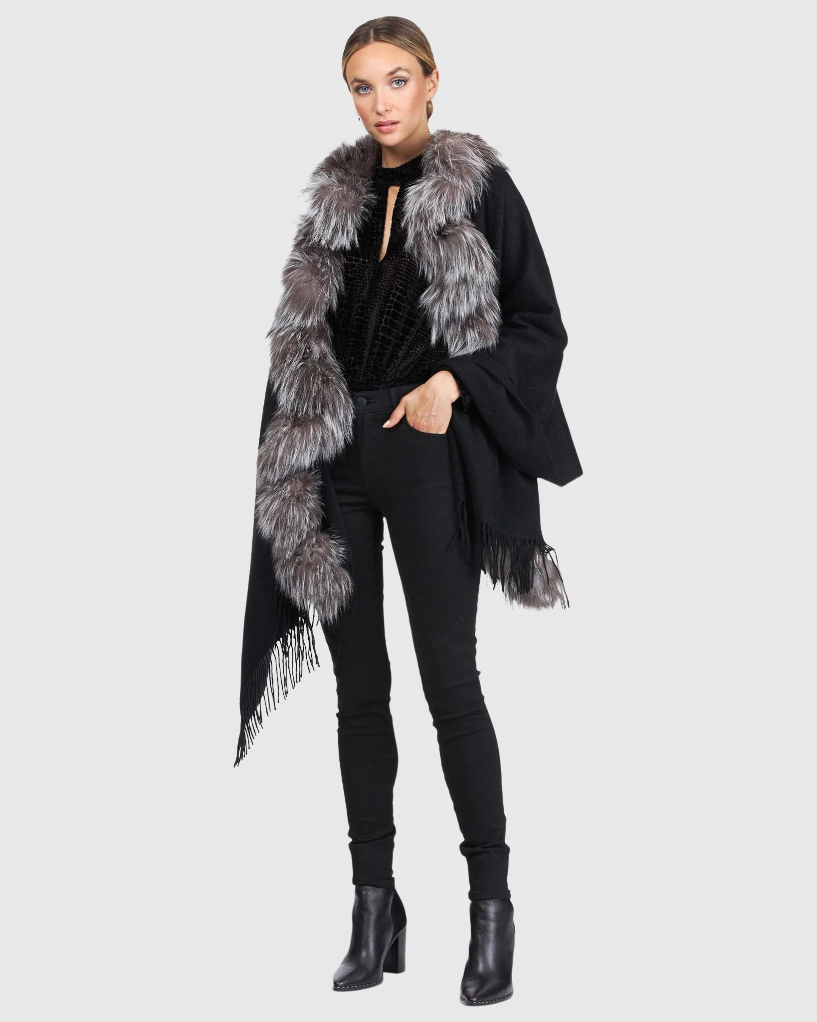 CASHMERE STOLE WITH SILVER FOX (S-CUT) KNIT RUFFLE ON ONE SIDE, CASHMERE FRINGES - Image 9