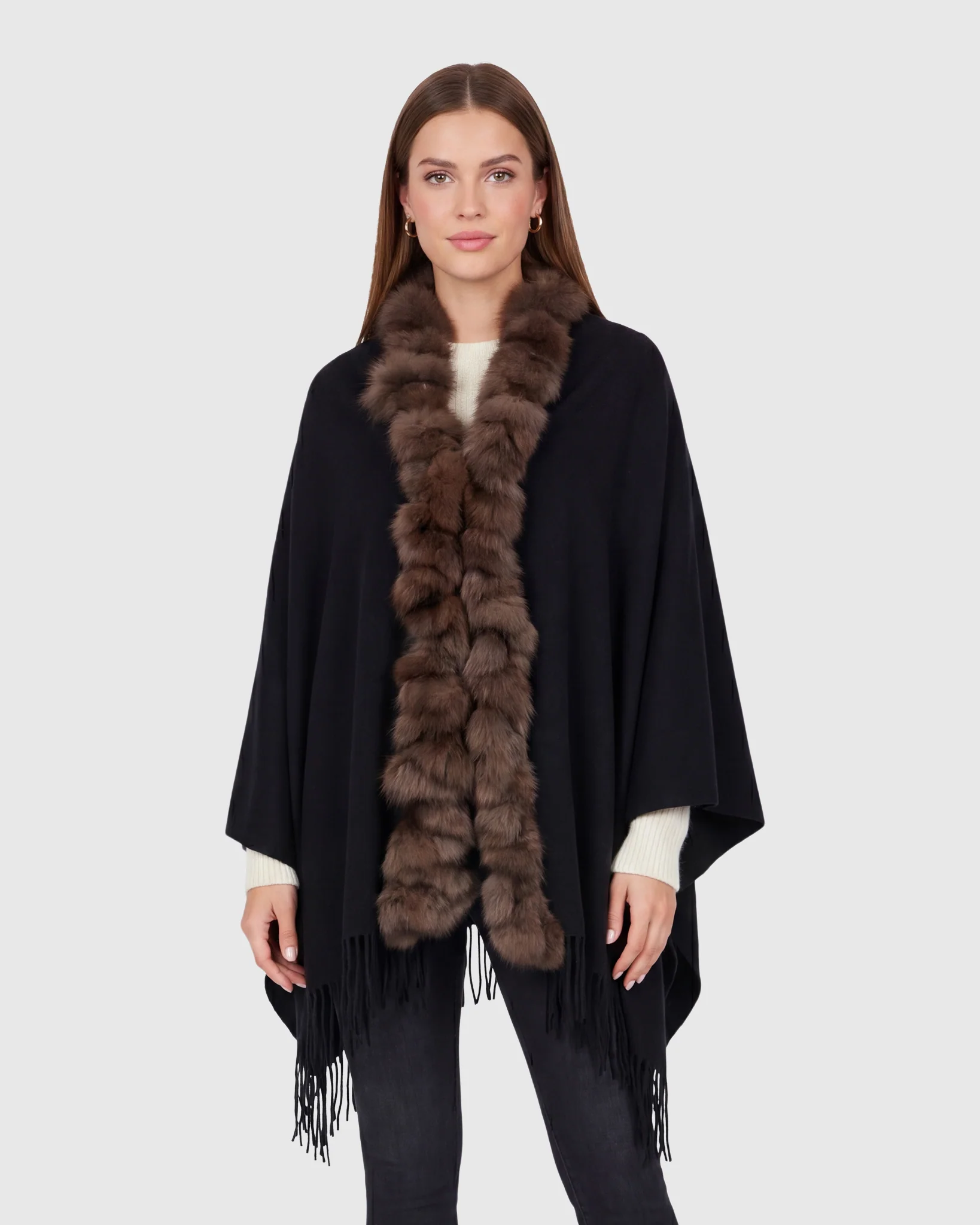 CASHMERE STOLE WITH SABLE (S-CUT) KNIT RUFFLE ON ONE SIDE, CASHMERE FRINGES