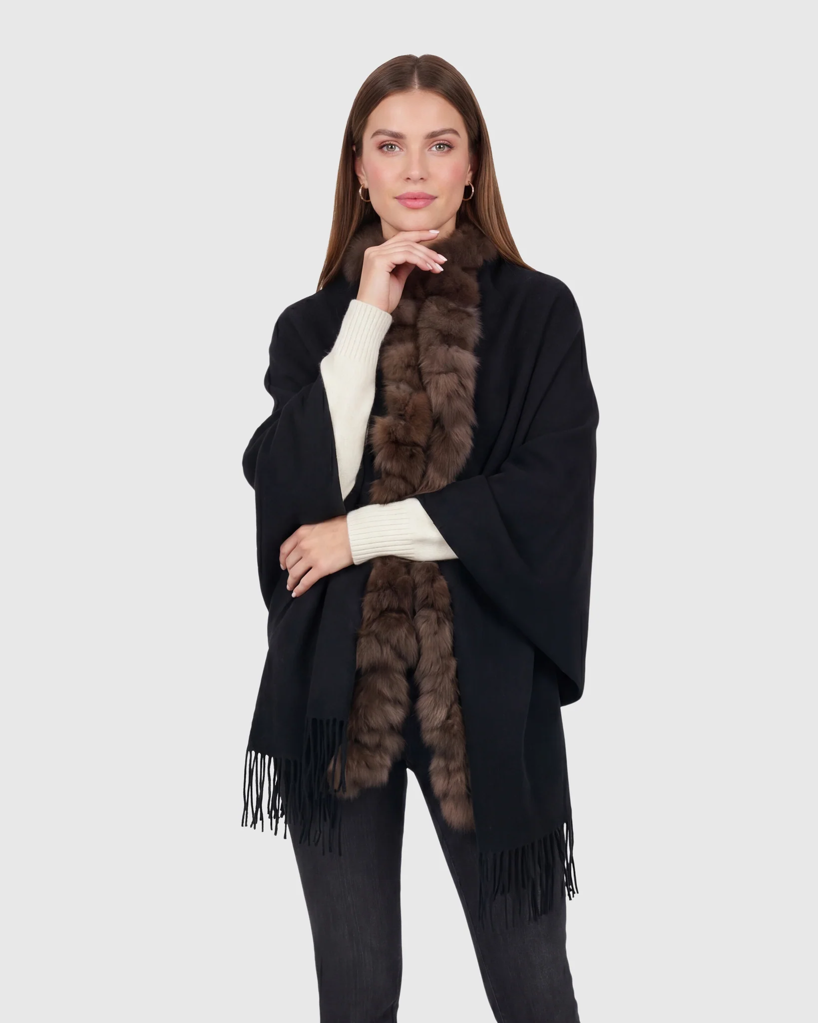 CASHMERE STOLE WITH SABLE (S-CUT) KNIT RUFFLE ON ONE SIDE, CASHMERE FRINGES - Image 2