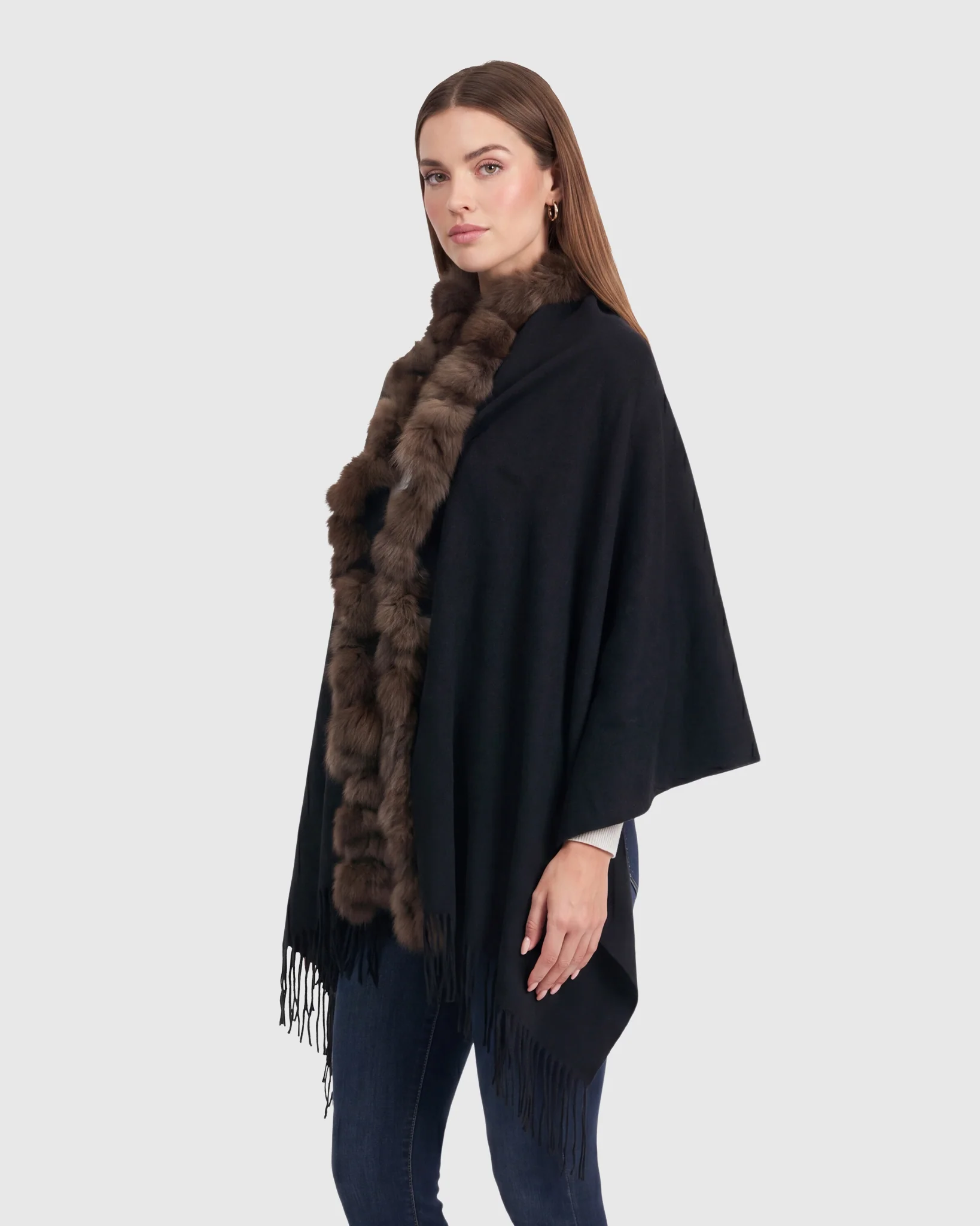CASHMERE STOLE WITH SABLE (S-CUT) KNIT RUFFLE ON ONE SIDE, CASHMERE FRINGES - Image 3
