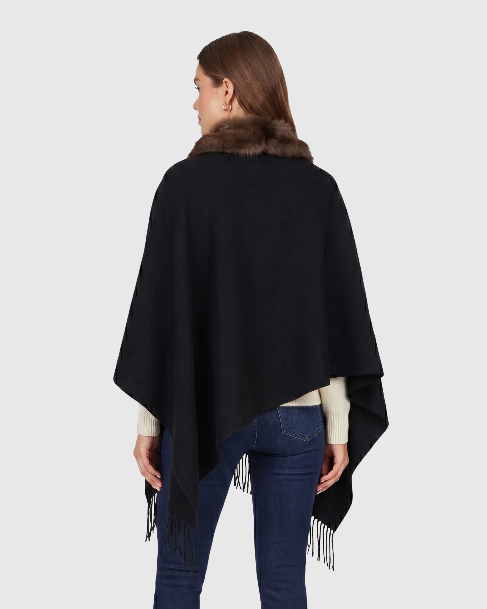 CASHMERE STOLE WITH SABLE (S-CUT) KNIT RUFFLE ON ONE SIDE, CASHMERE FRINGES - Image 4