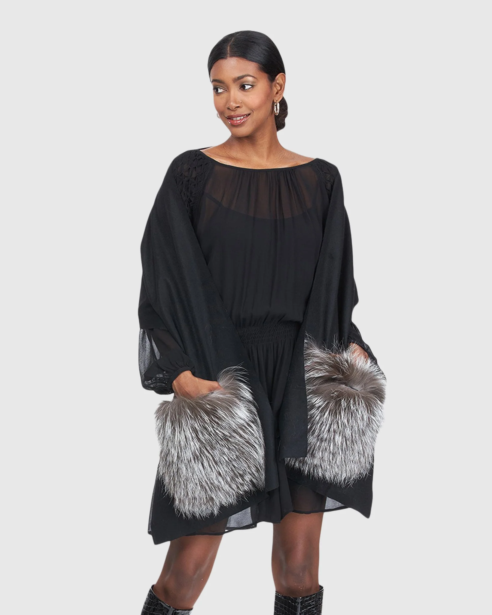 CASHMERE STOLE WITH SILVER FOX FUR PATCH POCKETS