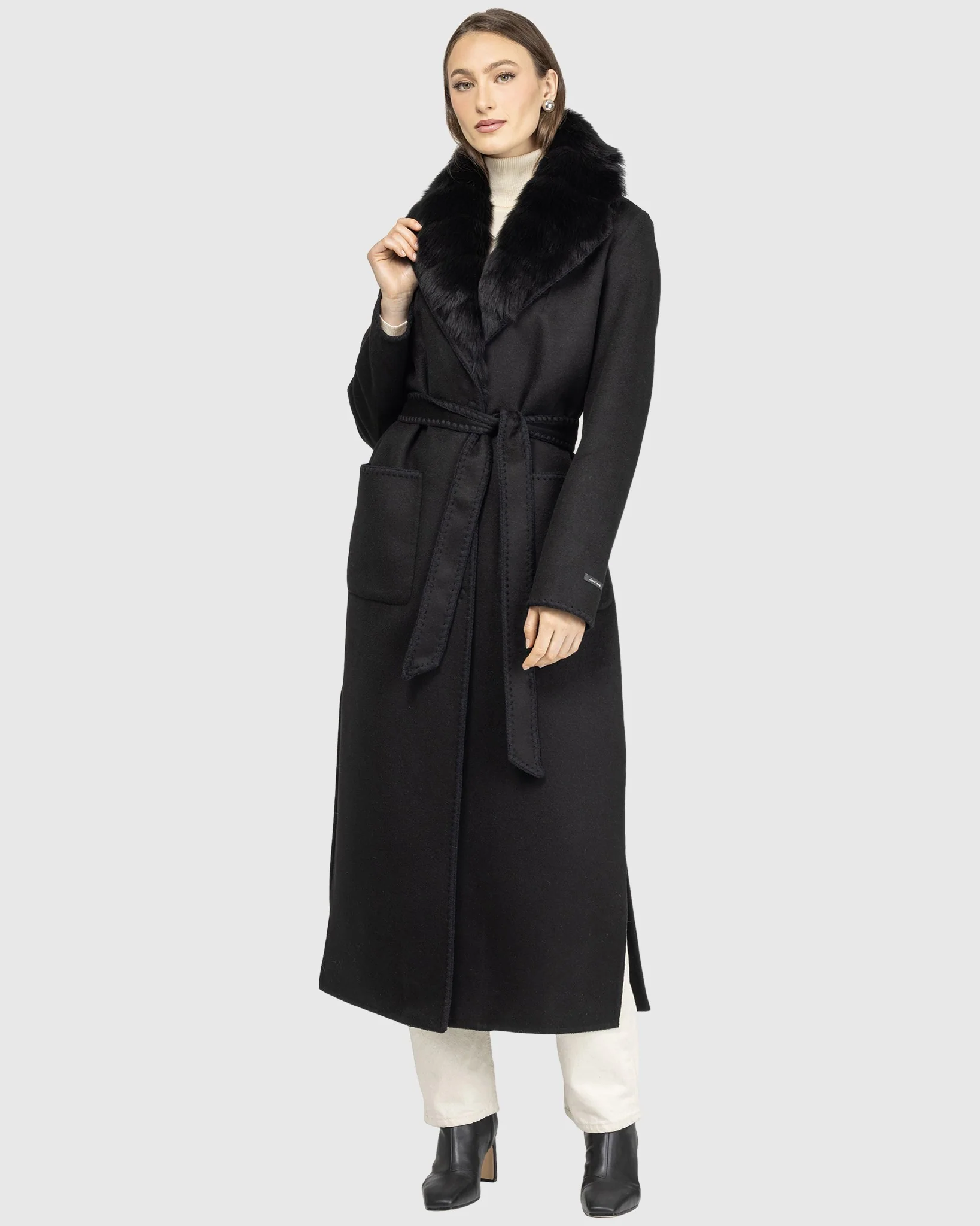 CASHMERE & WOOL COAT WITH EMBROIDERY DETAILS AND DETACHABLE MERINILLO SHEARLING LAMB COLLAR, BELT
