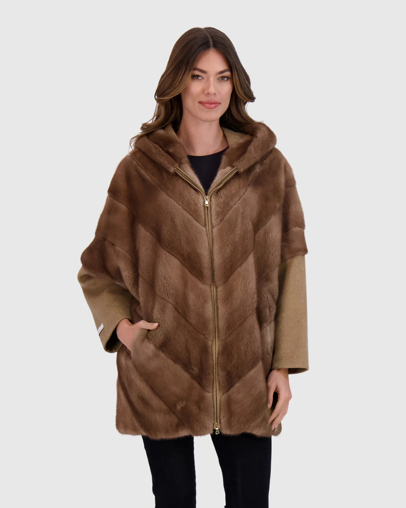 Chevron Mink Jacket with Cashmere Sleeves, Hood