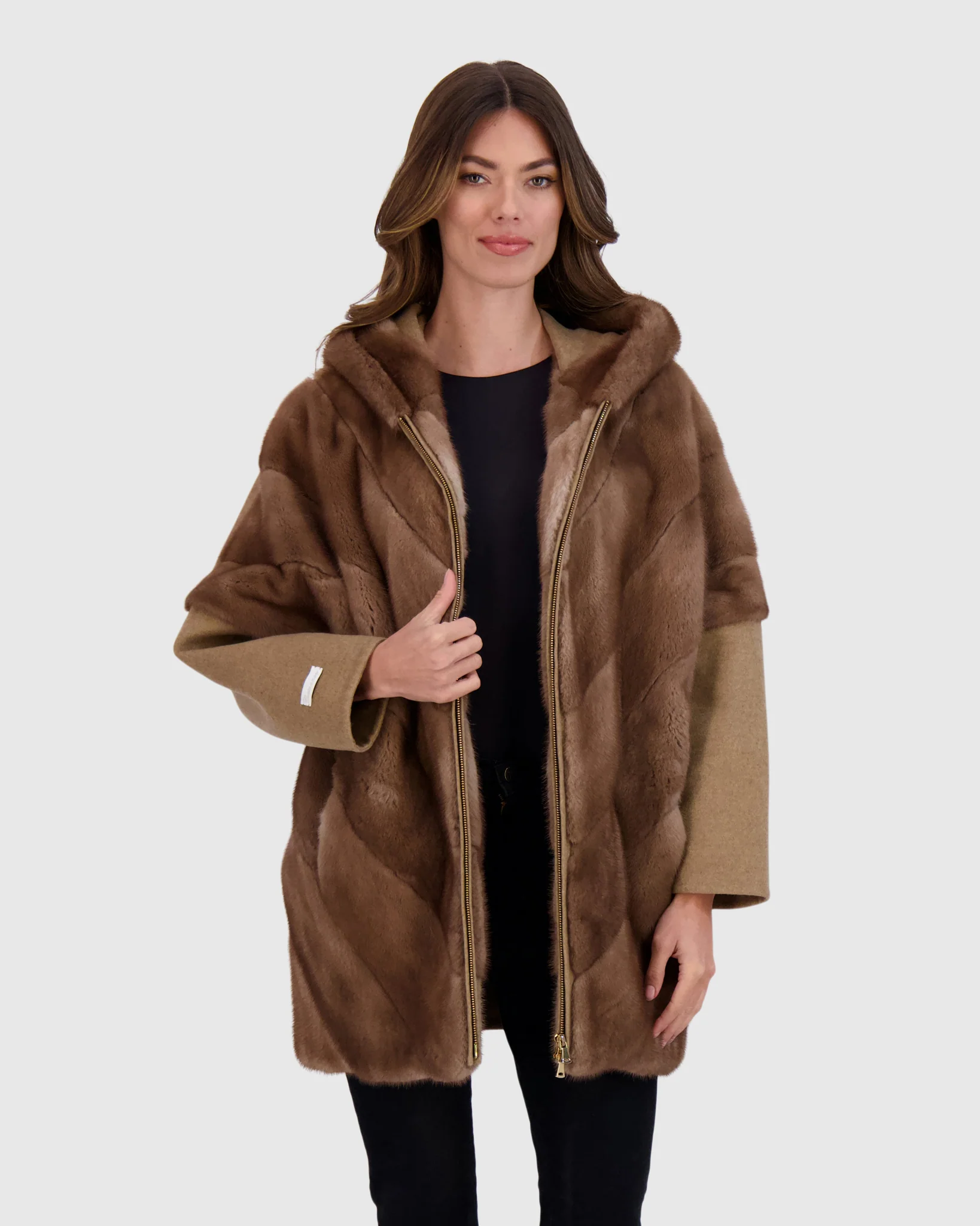 Chevron Mink Jacket with Cashmere Sleeves, Hood - Image 2