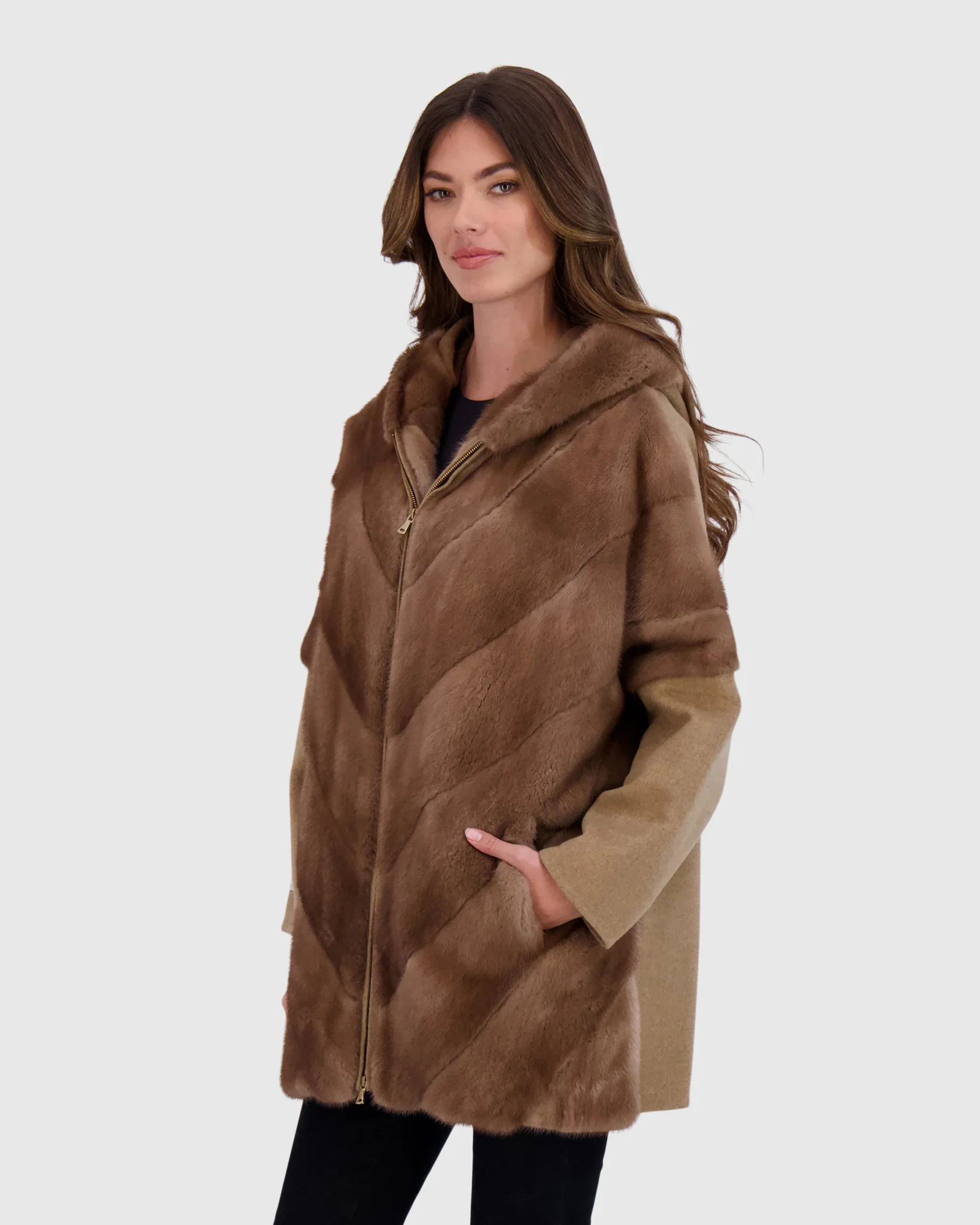 Chevron Mink Jacket with Cashmere Sleeves, Hood - Image 4