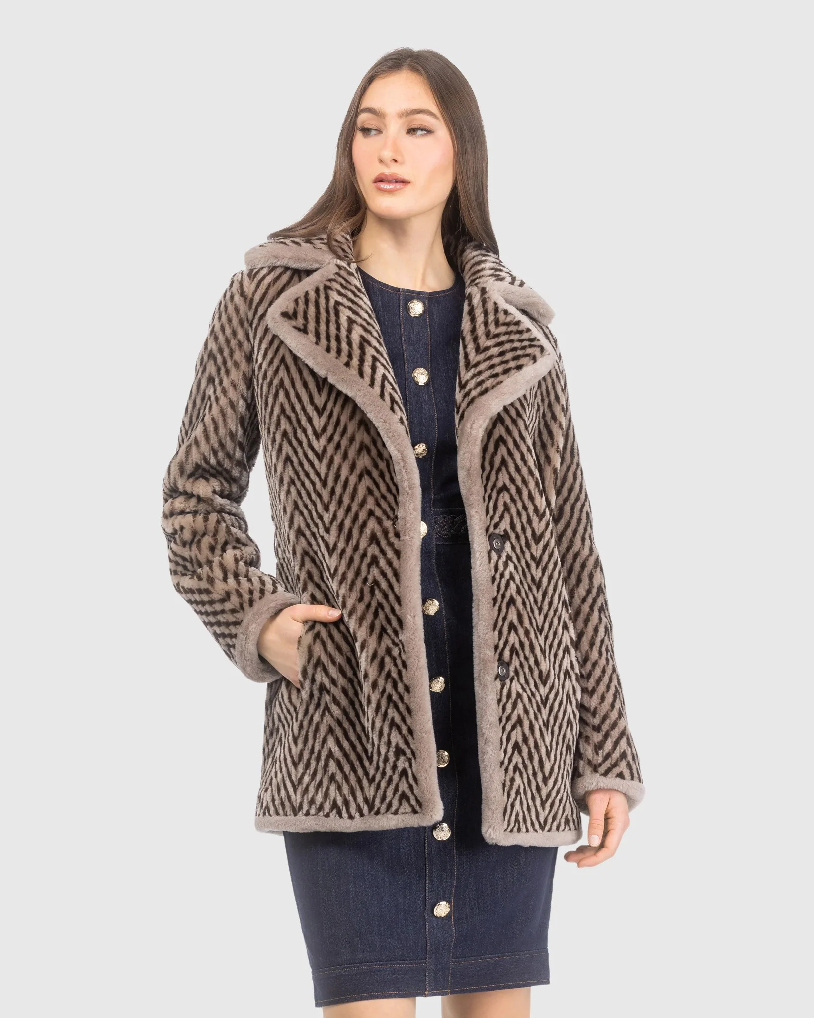 Chevron Printed Grooved Shearling Lamb Jacket - Image 6