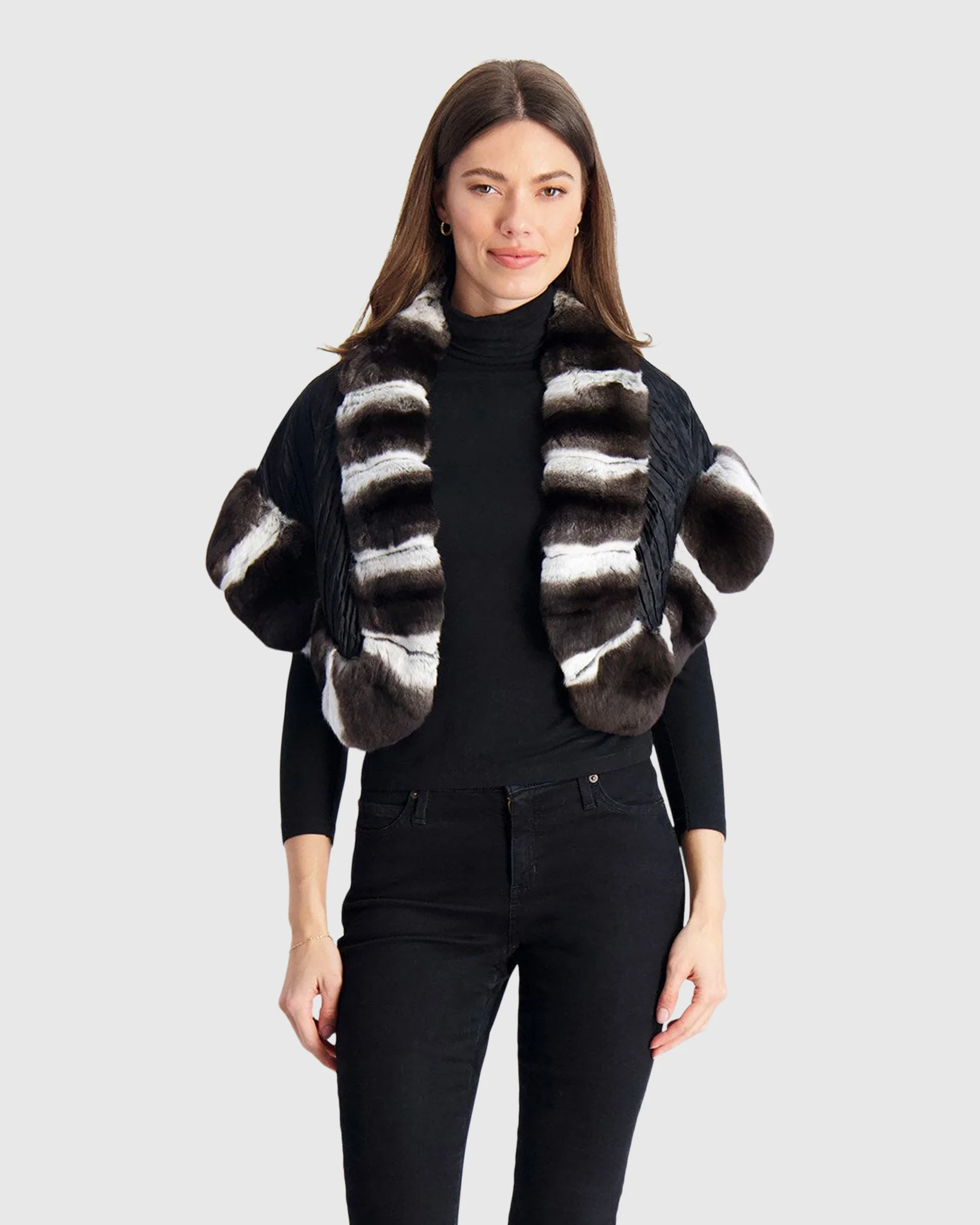 CHINCHILLA STOLE WITH PLEATED FABRIC INSERT