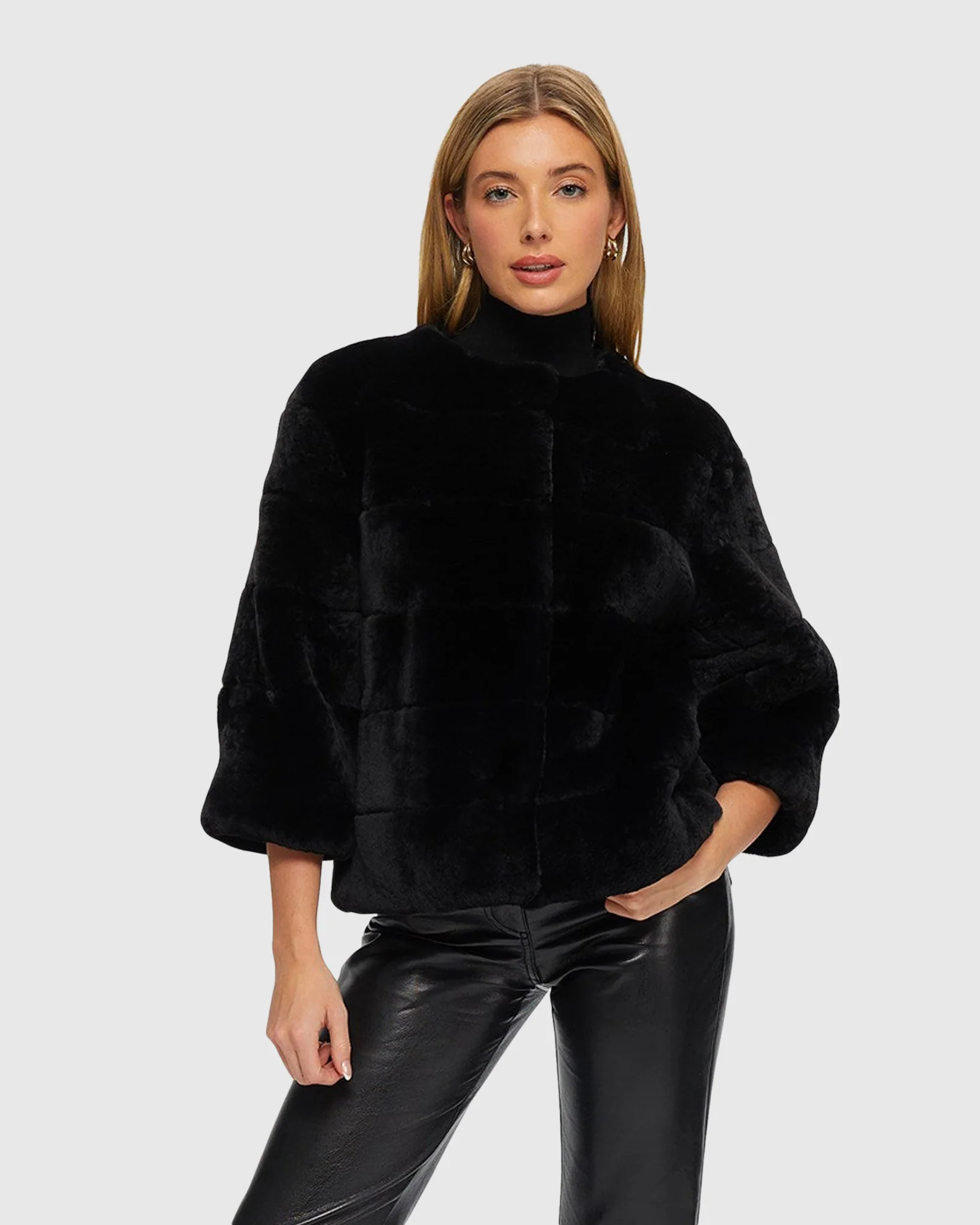 COLLARLESS SHEARLING LAMB JACKET WITH 3/4 SLEEVES