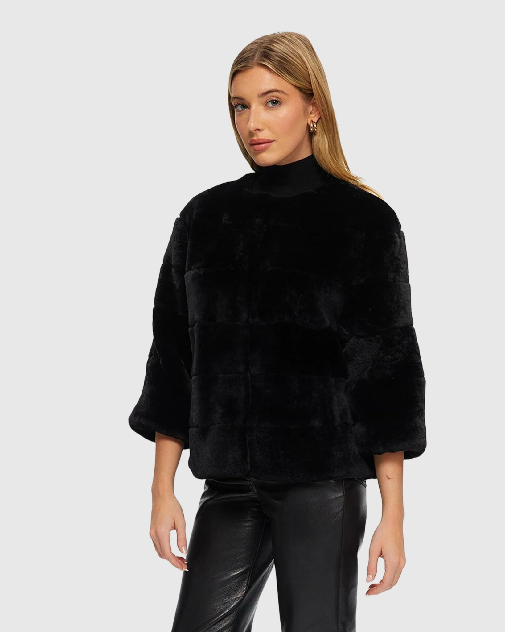 COLLARLESS SHEARLING LAMB JACKET WITH 3/4 SLEEVES - Image 6
