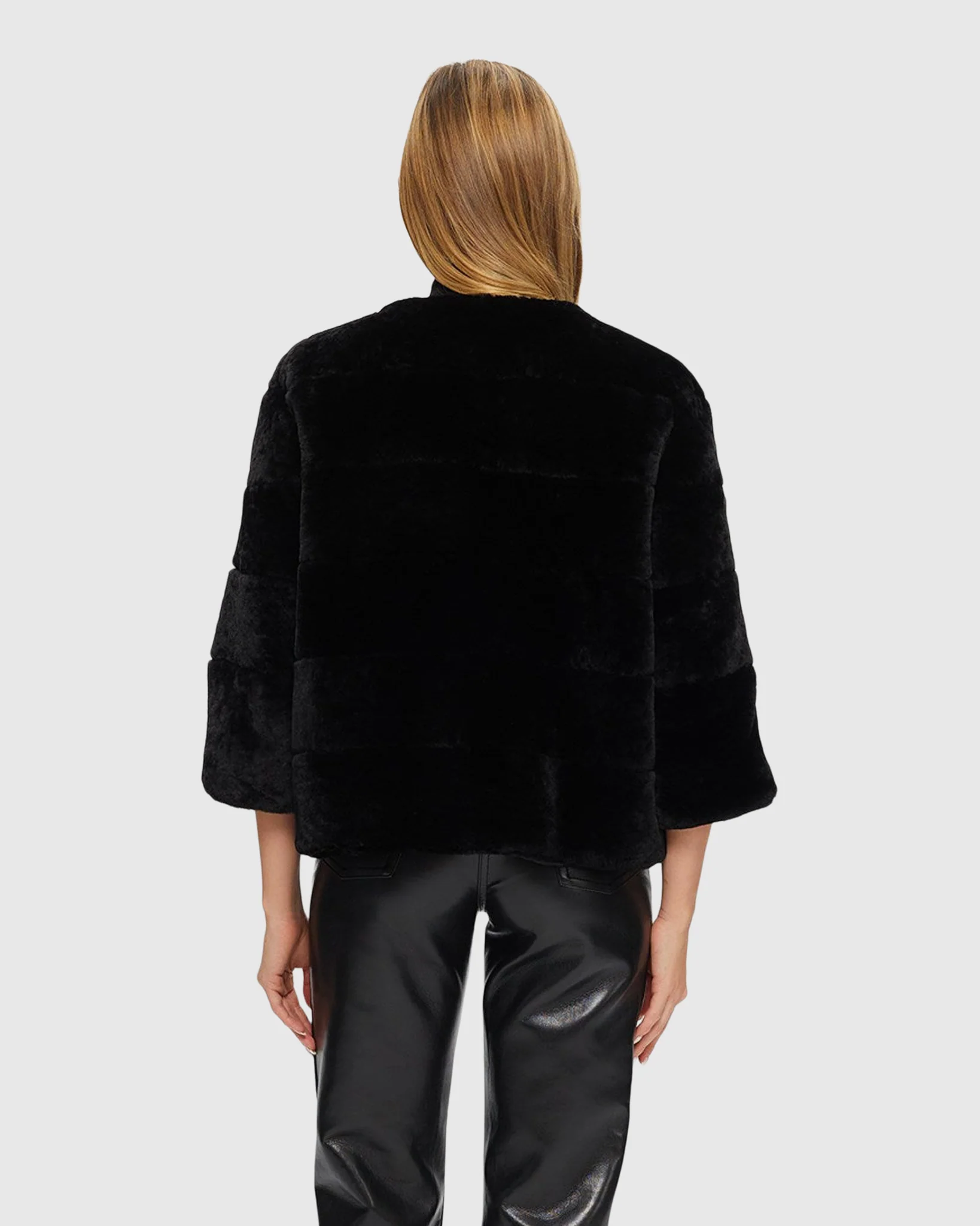 COLLARLESS SHEARLING LAMB JACKET WITH 3/4 SLEEVES - Image 7