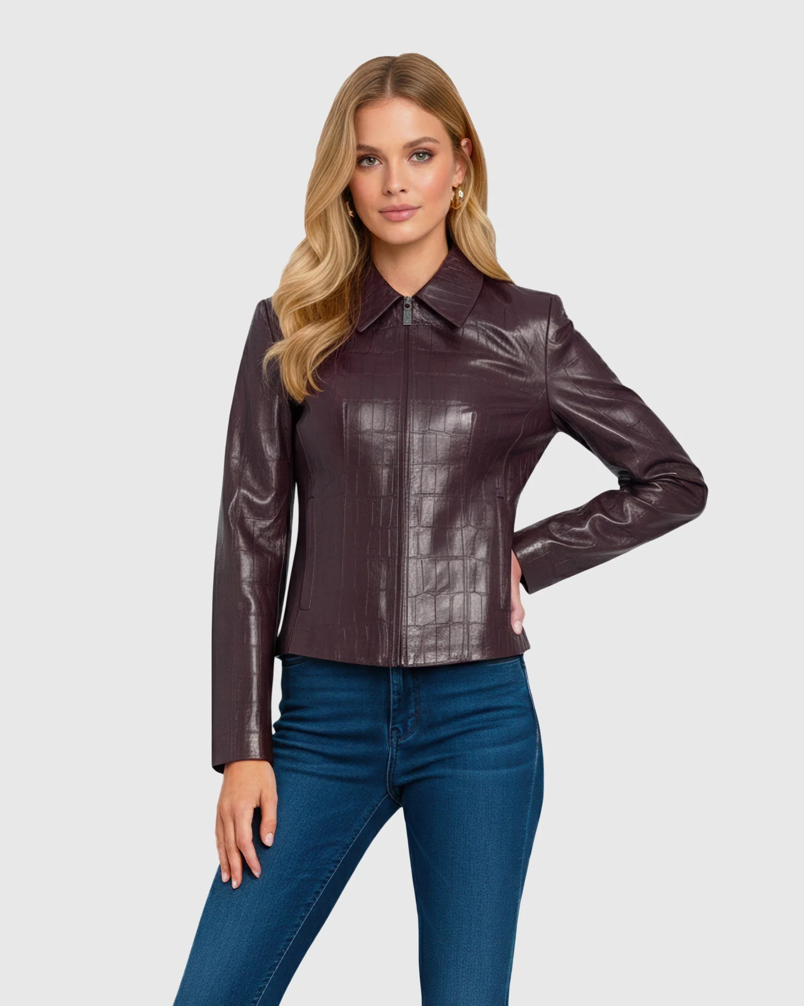 CROCO PRINTED LEATHER ZIP JACKET