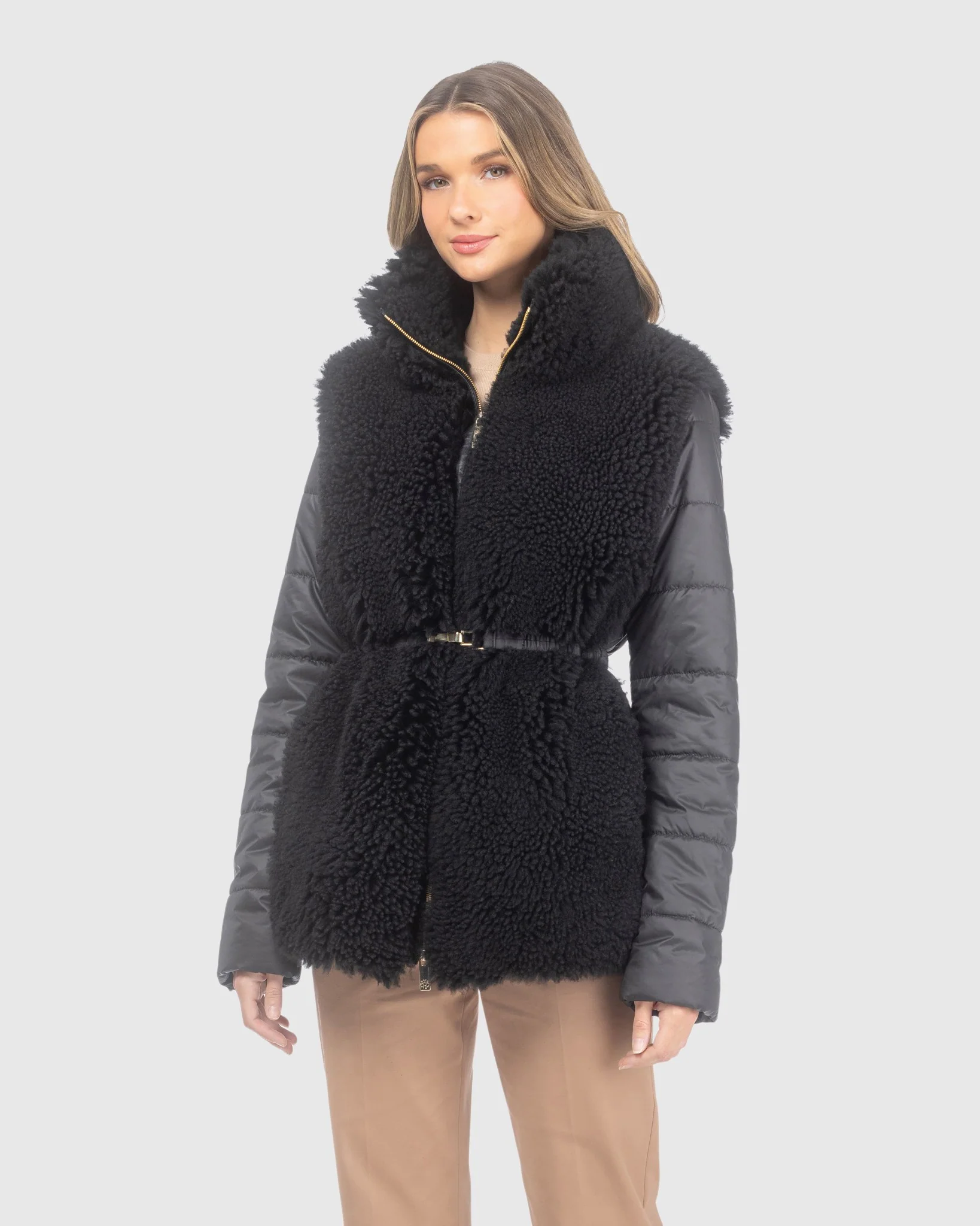 CURLY SHEARLING LAMB JACKET WITH QUILTED SLEEVES AND BACK, BELT