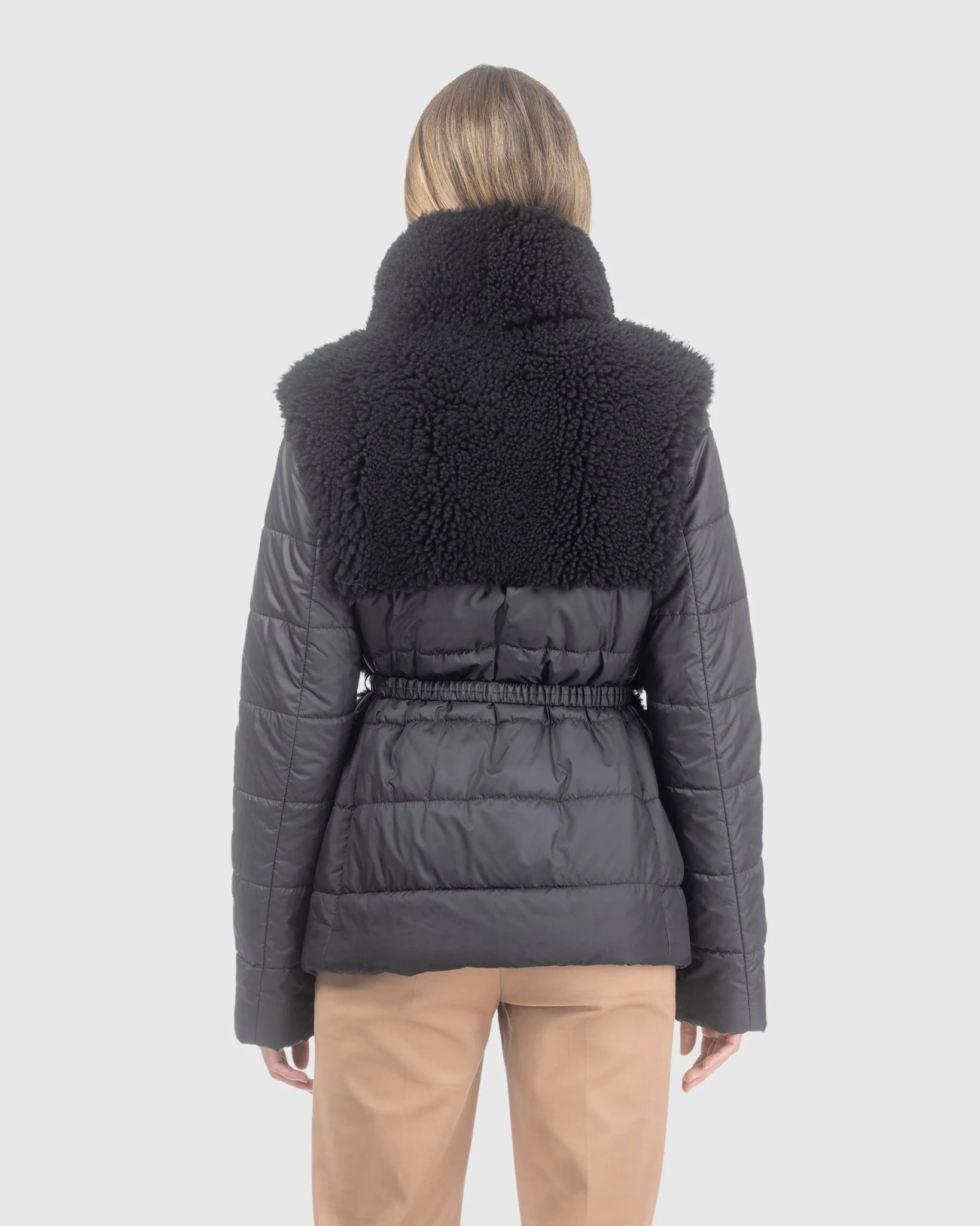 CURLY SHEARLING LAMB JACKET WITH QUILTED SLEEVES AND BACK, BELT - Image 4