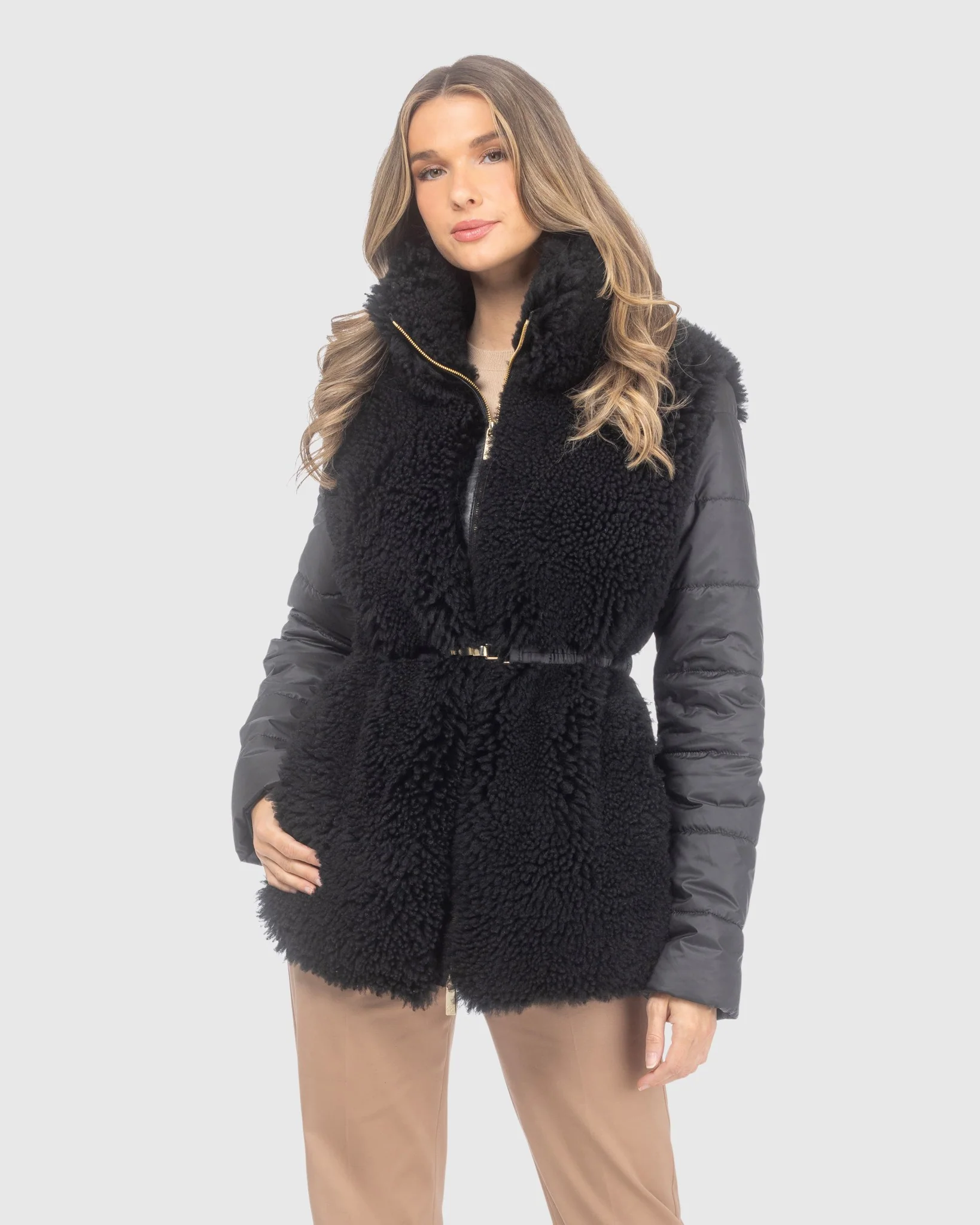CURLY SHEARLING LAMB JACKET WITH QUILTED SLEEVES AND BACK, BELT - Image 5