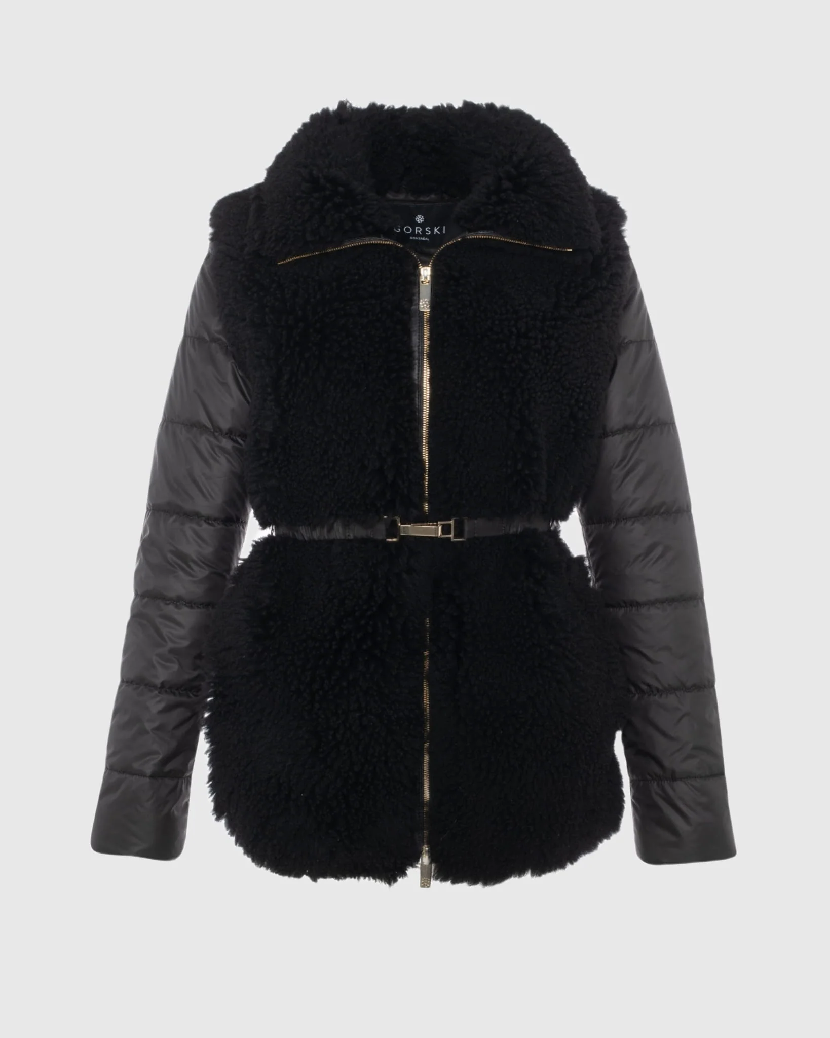 CURLY SHEARLING LAMB JACKET WITH QUILTED SLEEVES AND BACK, BELT - Image 6
