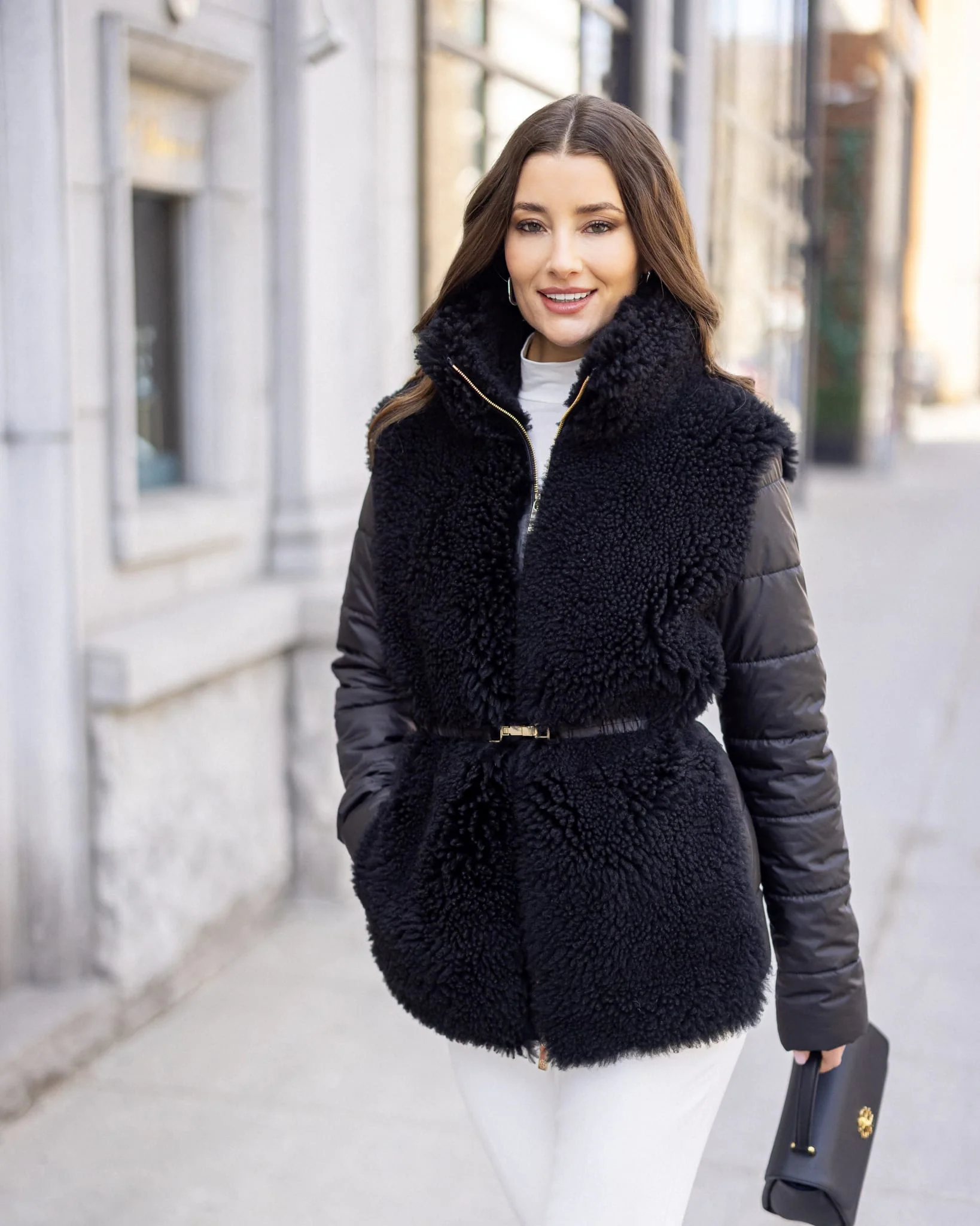 CURLY SHEARLING LAMB JACKET WITH QUILTED SLEEVES AND BACK, BELT - Image 7