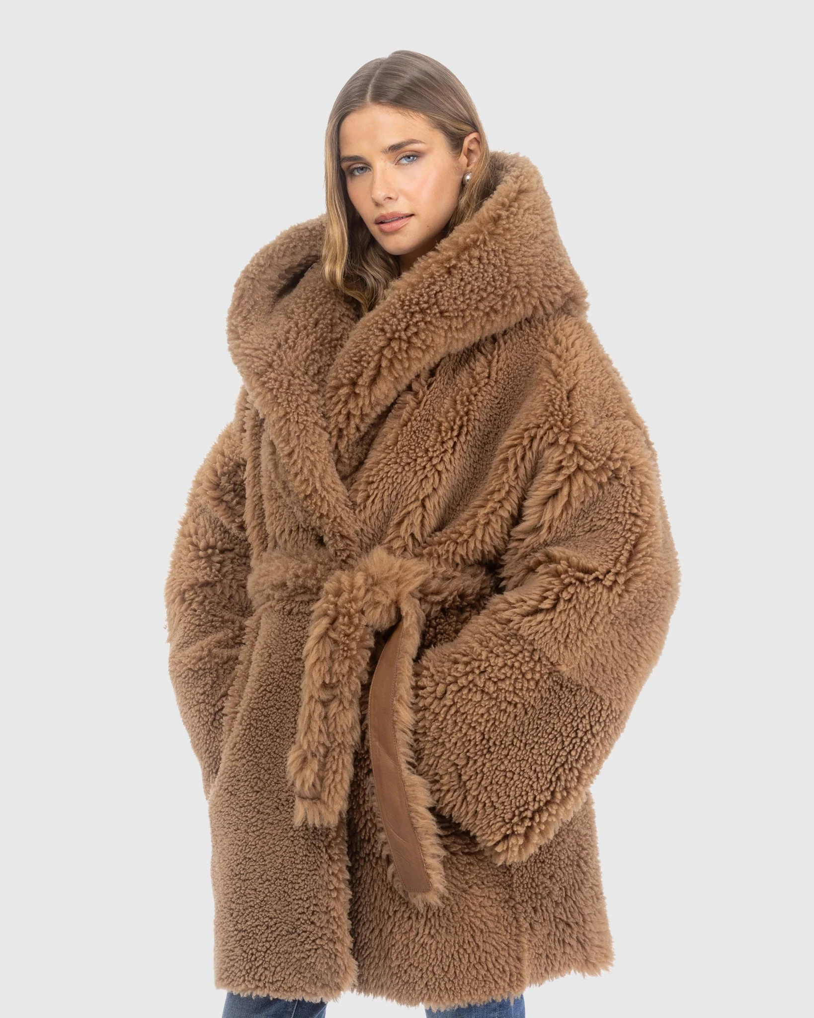 Curly Shearling Lamb Reversible Parka, Belt - Image 3