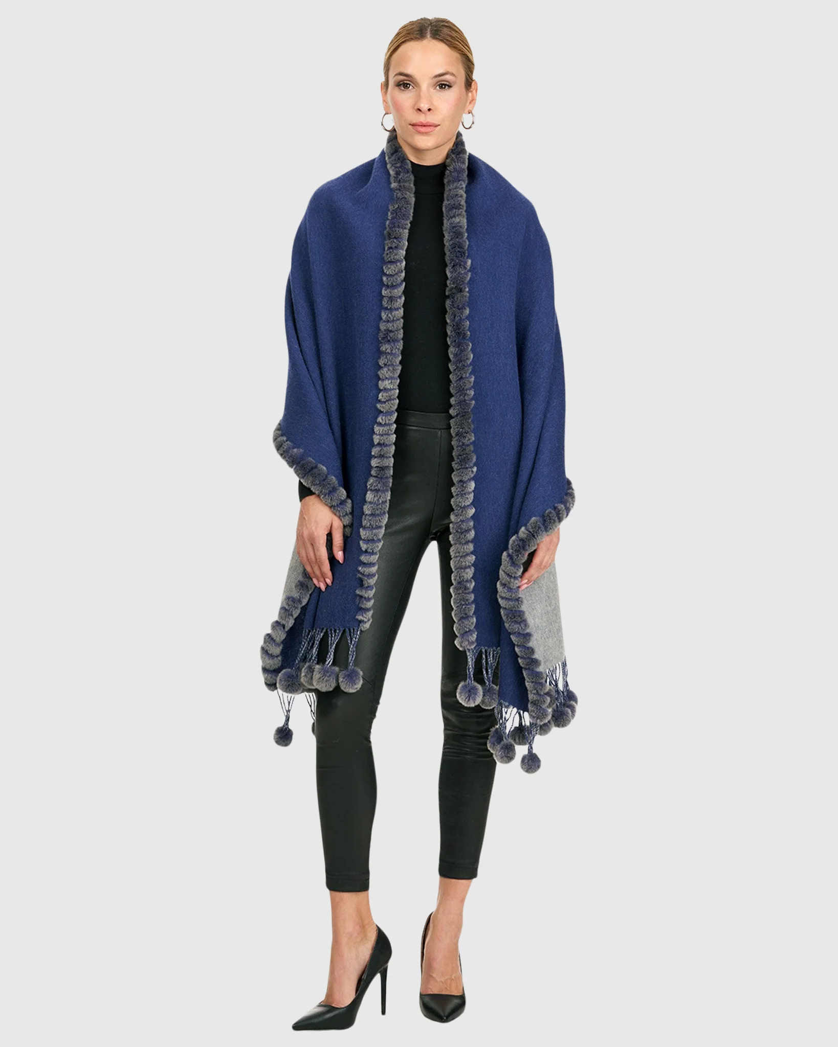 DOUBLE FACE CASHMERE/WOOL STOLE WITH REX RABBIT WHIPSTITCH TOP AND BOTTOM AND POMPOM SIDES - Image 7