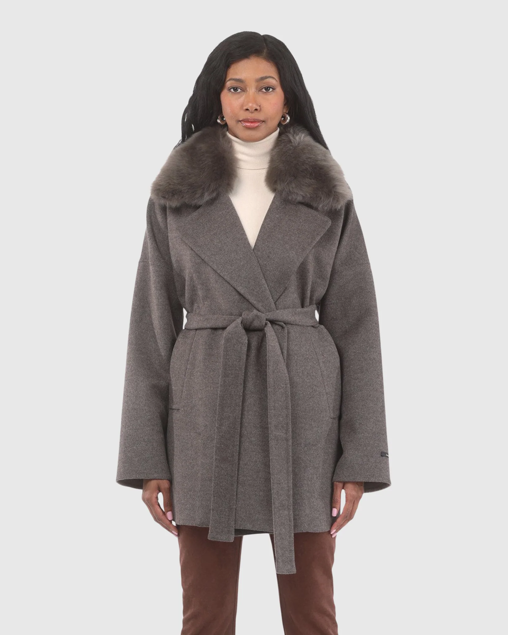DOUBLE FACE LORO PIANA WOOL AND CASHMERE BLEND BELTED JACKET WITH DETACHABLE MERINILLO SHEARLING LAMB TRIM - Image 9