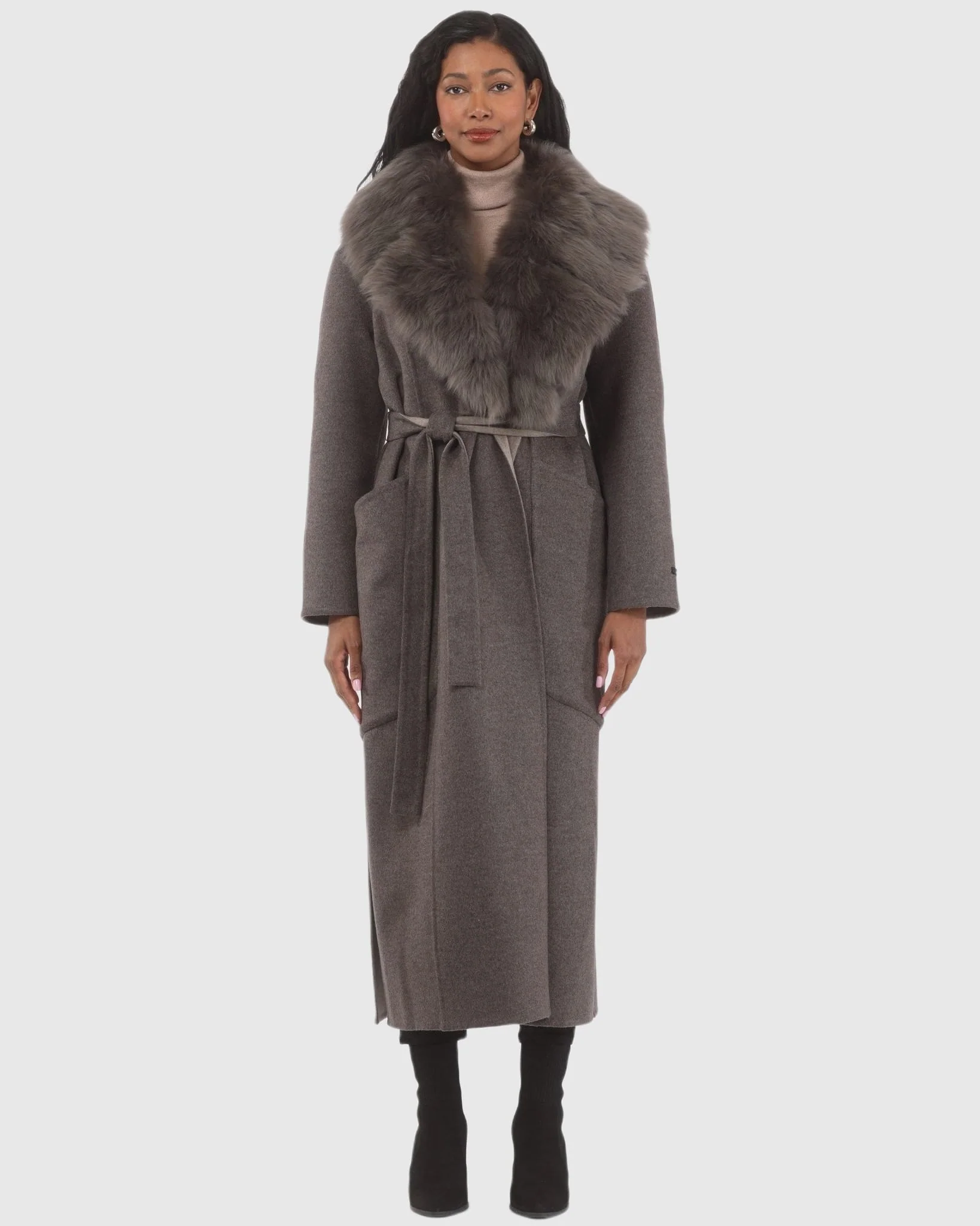 DOUBLE FACE LORO PIANA WOOL AND CASHMERE COAT WITH DETACHABLE MERINILLO SHEARLING LAMB COLLAR, BELT - Image 3