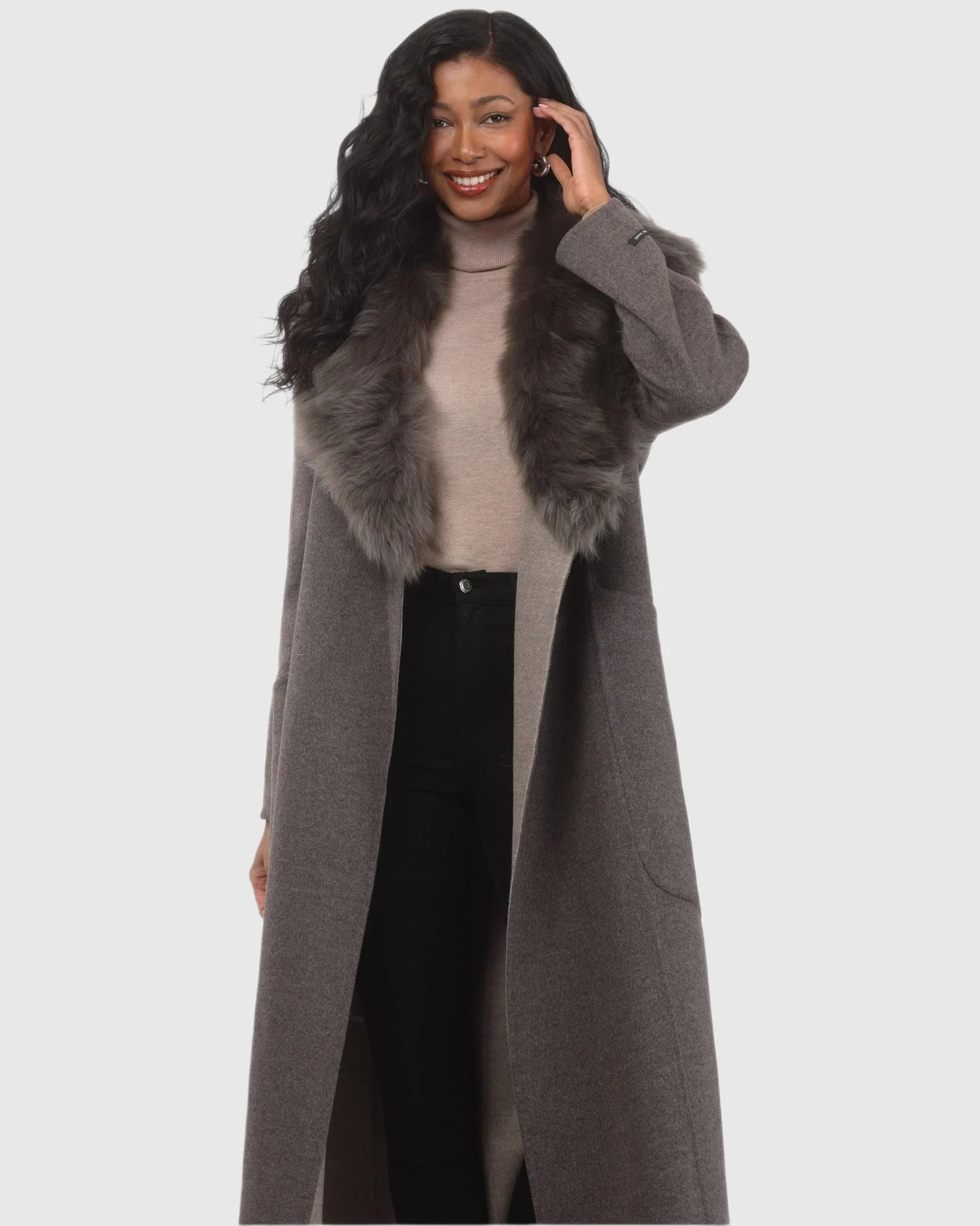 DOUBLE FACE LORO PIANA WOOL AND CASHMERE COAT WITH DETACHABLE MERINILLO SHEARLING LAMB COLLAR, BELT - Image 7