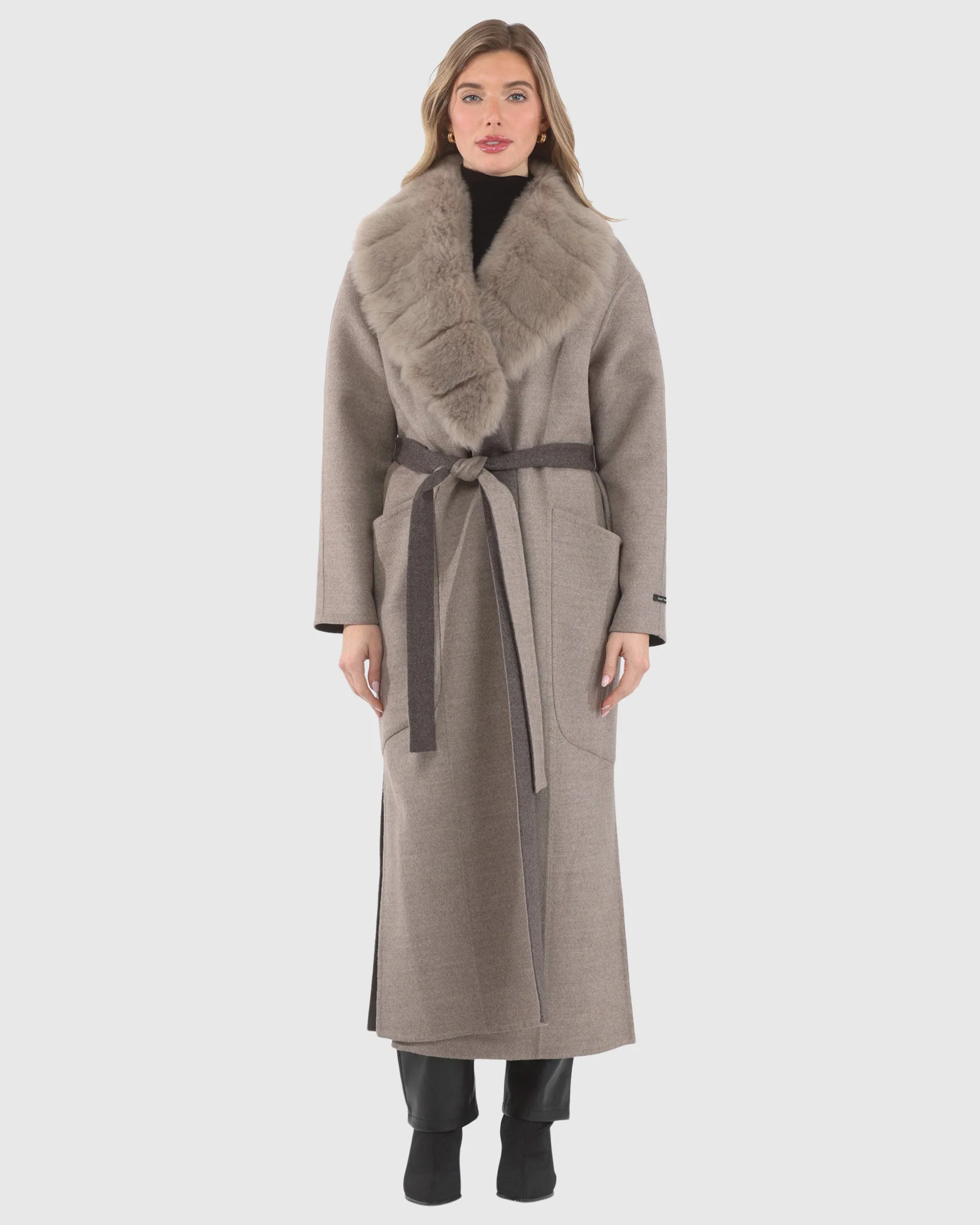 DOUBLE FACE LORO PIANA WOOL AND CASHMERE COAT WITH DETACHABLE MERINILLO SHEARLING LAMB COLLAR, BELT - Image 9